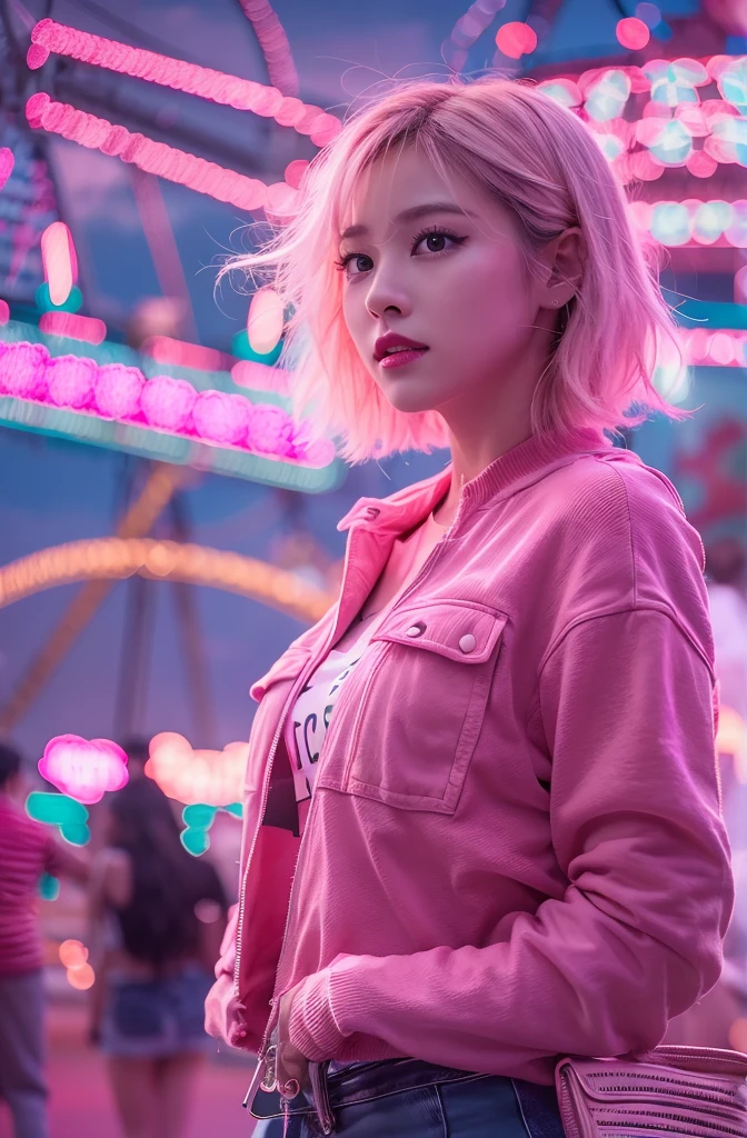 1chica en, Super beautiful girl, Dream Girl, Vestir de rosa, ulzzangs, danza, Concierto en el parque de atracciones en el fondo, lightning in the sky, Ultra detalles, Un hiperrealista, Kinematic , Renderizado de octanaje, 16 mil,una rubia