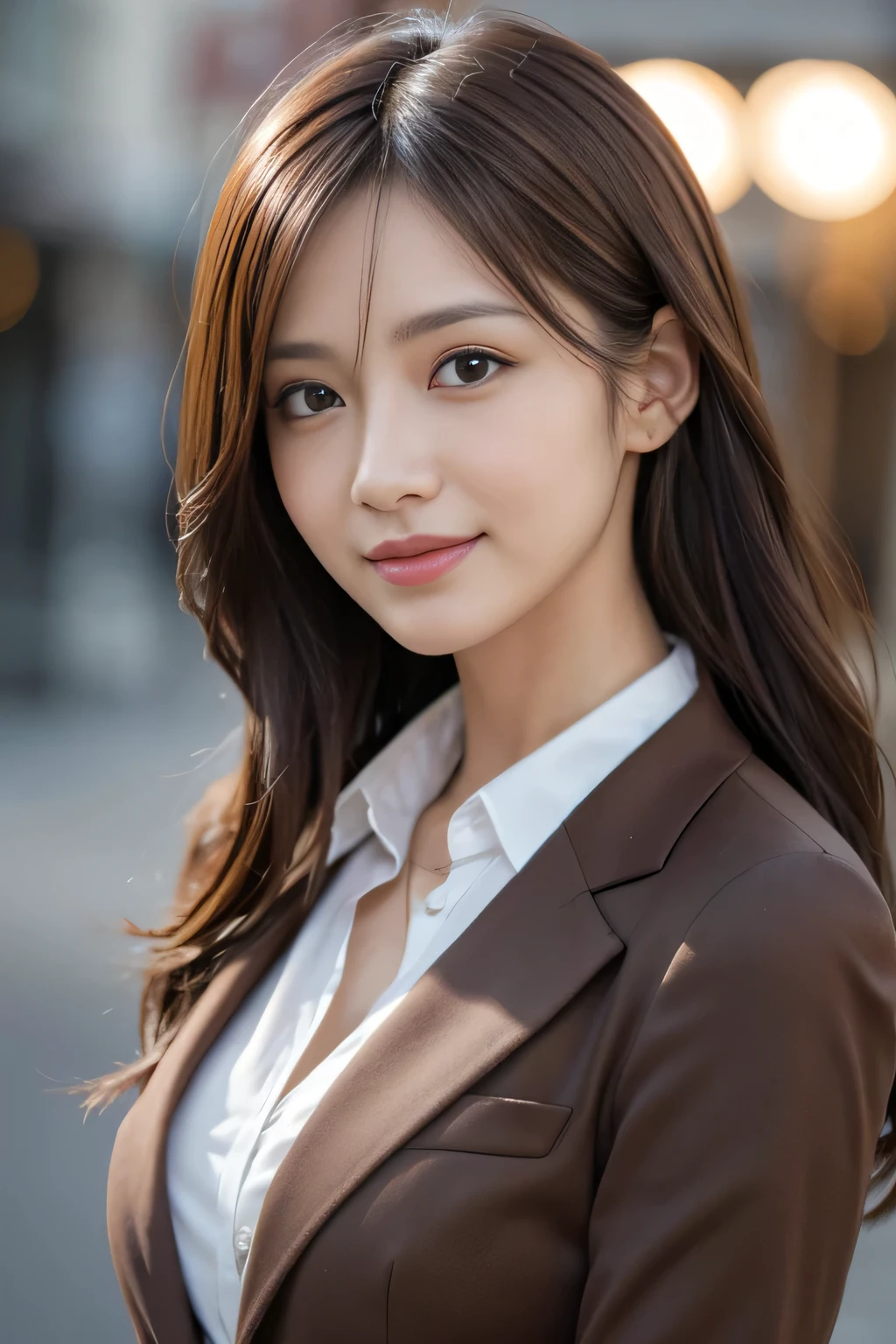 masutepiece, Best Quality, Photorealistic, Ultra-detailed, finely detail, High resolution, 8K Wallpaper, 1 beautiful woman,, light brown messy hair, in a business suit, foco nítido, Perfect dynamic composition, Beautiful detailed eyes, detailed hairs, Detailed realistic skin texture, Smiling, Close-up portrait, Model body type