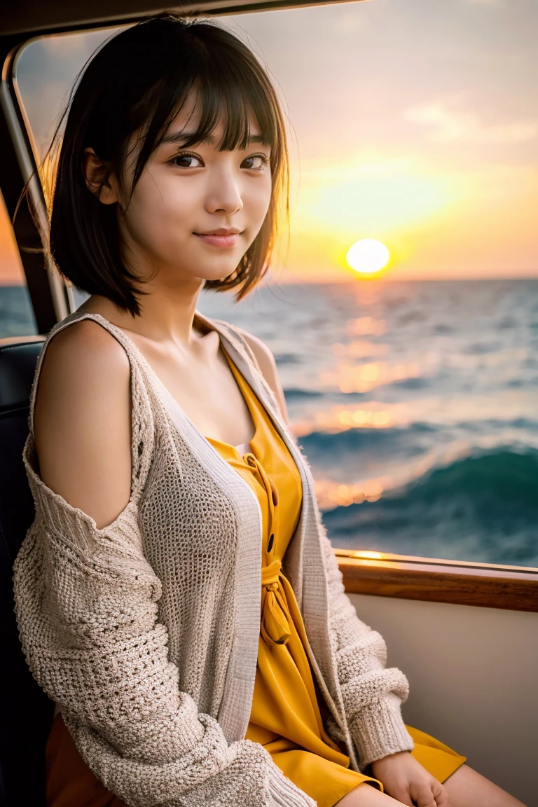 Beautiful girl wearing a summer dress、thin summer cardigan、12year old、japanes、Sunset sea from the ship deck、No bulge in the chest、Wistful expression、Wheat-colored The skin、heavy wind、Black hair short bob with bangs、Luxury liner、少し日焼けしたThe skin、Black、the setting sun、smiling wryly、
