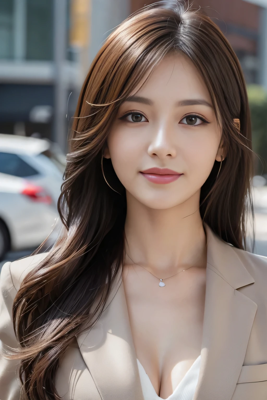 masutepiece, Best Quality, Photorealistic, Ultra-detailed, finely detail, High resolution, 8K Wallpaper, 1 beautiful woman,, light brown messy hair, in a business suit, foco nítido, Perfect dynamic composition, Beautiful detailed eyes, detailed hairs, Detailed realistic skin texture, Smiling, Close-up portrait, Model body type
