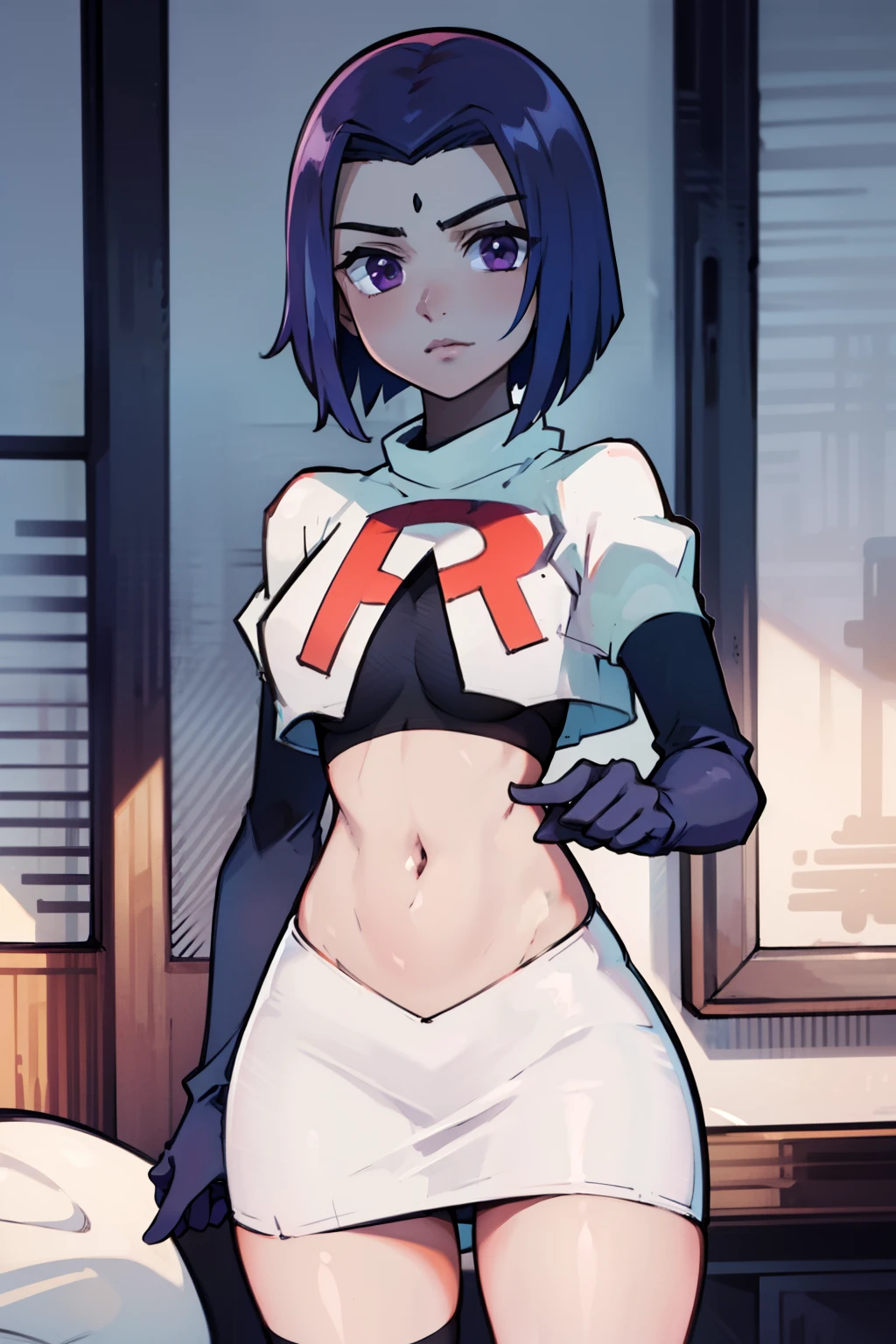 (masterpiece, best quality, ultra-detailed), RavenTT, short hair, purple eyes, (grey skin),team rocket,team rocket uniform, red letter R, white skirt,white crop top,black thigh-highs,black elbow gloves