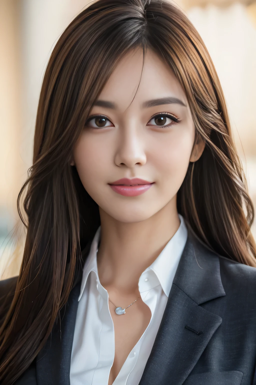 masutepiece, Best Quality, Photorealistic, Ultra-detailed, finely detail, High resolution, 8K Wallpaper, 1 beautiful woman,, light brown messy hair, in a business suit, foco nítido, Perfect dynamic composition, Beautiful detailed eyes, detailed hairs, Detailed realistic skin texture, Smiling, Close-up portrait, Model body type