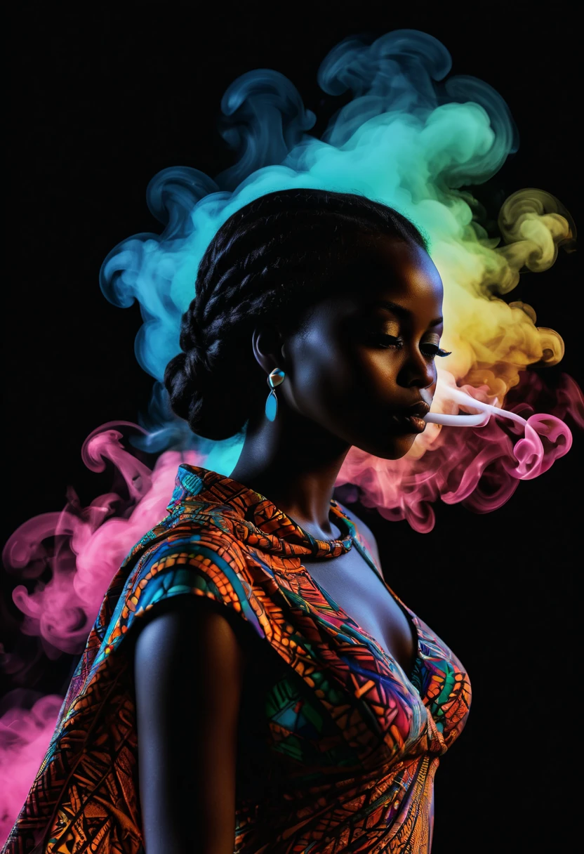 African pattern smoke logo with boss texture strokes, of Cape Verde - photo illustration graphic ((Ultra wide exposure photography)) alta qualidade, muito detalhada, neon dots of a beautiful colorful silhouette, bela silhueta, electronic devices, como um PC cinza muito claro em segundo plano, por yukisakura, muito detalhado,