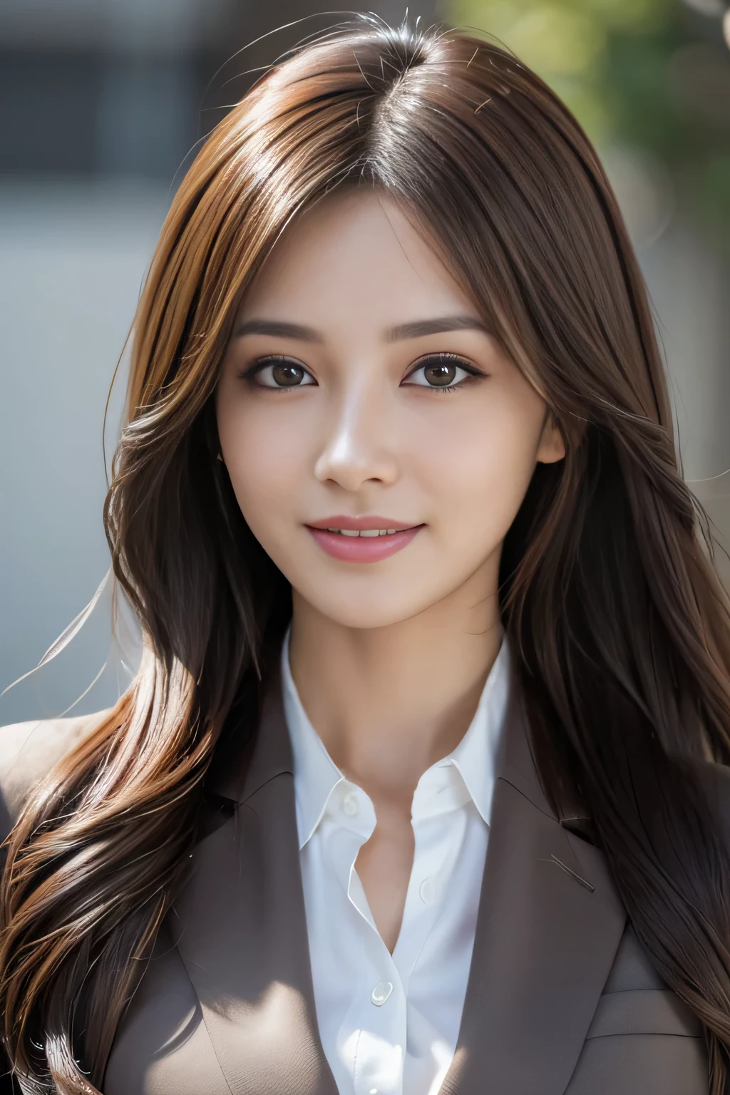 masutepiece, Best Quality, Photorealistic, Ultra-detailed, finely detail, High resolution, 8K Wallpaper, 1 beautiful woman,, light brown messy hair, in a business suit, foco nítido, Perfect dynamic composition, Beautiful detailed eyes, detailed hairs, Detailed realistic skin texture, Smiling, Close-up portrait, Model body type