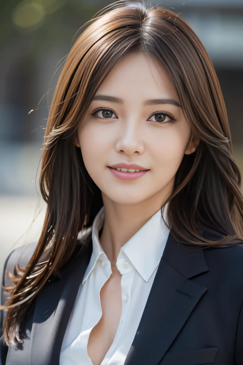 masutepiece, Best Quality, Photorealistic, Ultra-detailed, finely detail, High resolution, 8K Wallpaper, 1 beautiful woman,, light brown messy hair, in a business suit, foco nítido, Perfect dynamic composition, Beautiful detailed eyes, detailed hairs, Detailed realistic skin texture, Smiling, Close-up portrait, Model body type