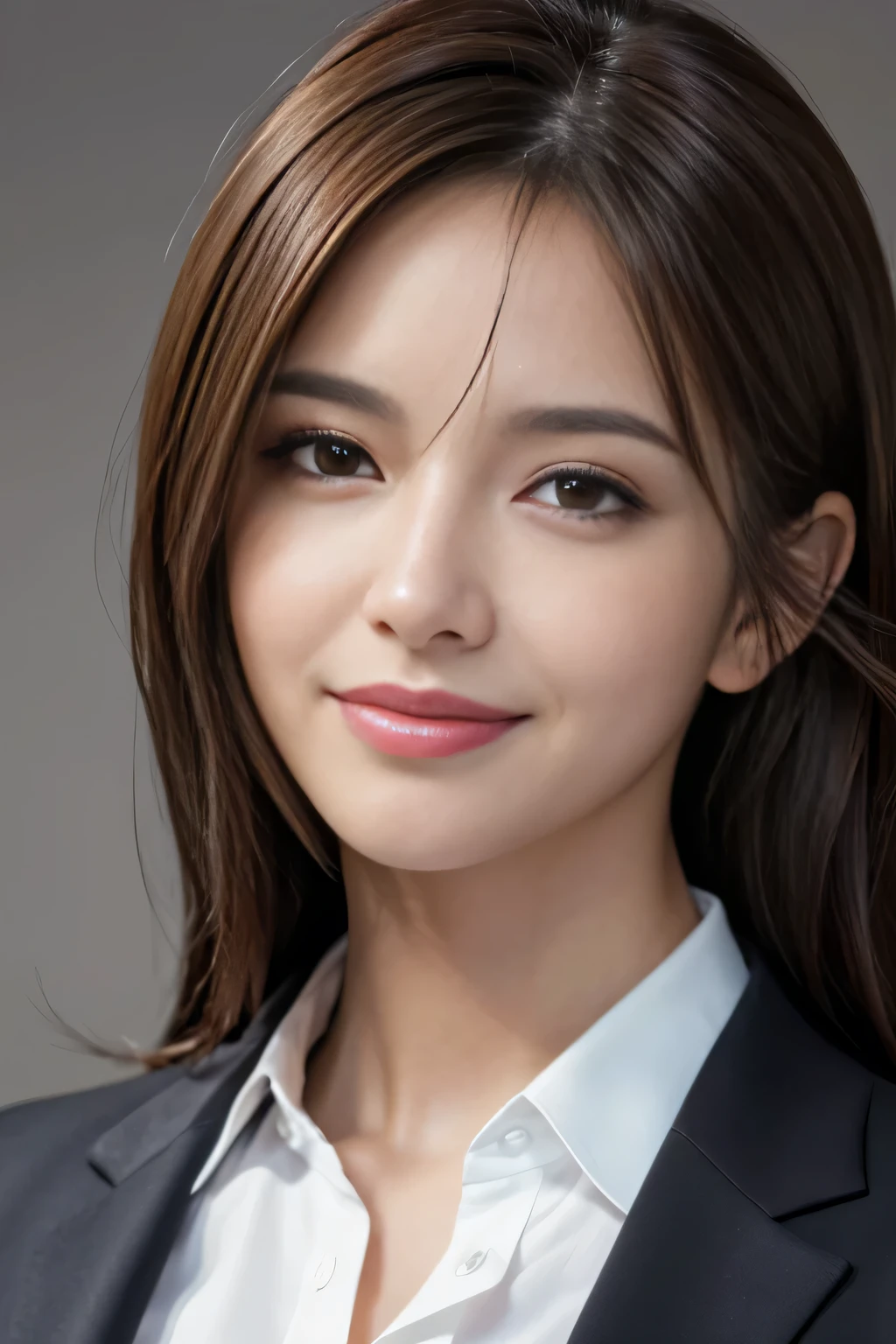masutepiece, Best Quality, Photorealistic, Ultra-detailed, finely detail, High resolution, 8K Wallpaper, 1 beautiful woman,, light brown messy hair, in a business suit, foco nítido, Perfect dynamic composition, Beautiful detailed eyes, detailed hairs, Detailed realistic skin texture, Smiling, Close-up portrait, Model body type