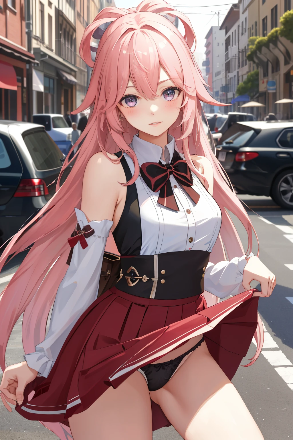 extremely detailed CG unity 8k wallpaper, best quality, ultra-detailed, masterpiece, realistic, photo realistic, extremely detailed cute girl, 20years old, (((skirt lift by myself))), (lifted by self), panties , panties focus, blush, parted lips, looking at viewer , half body shot , (crowd), (crowded parking lot) , hair over one eye