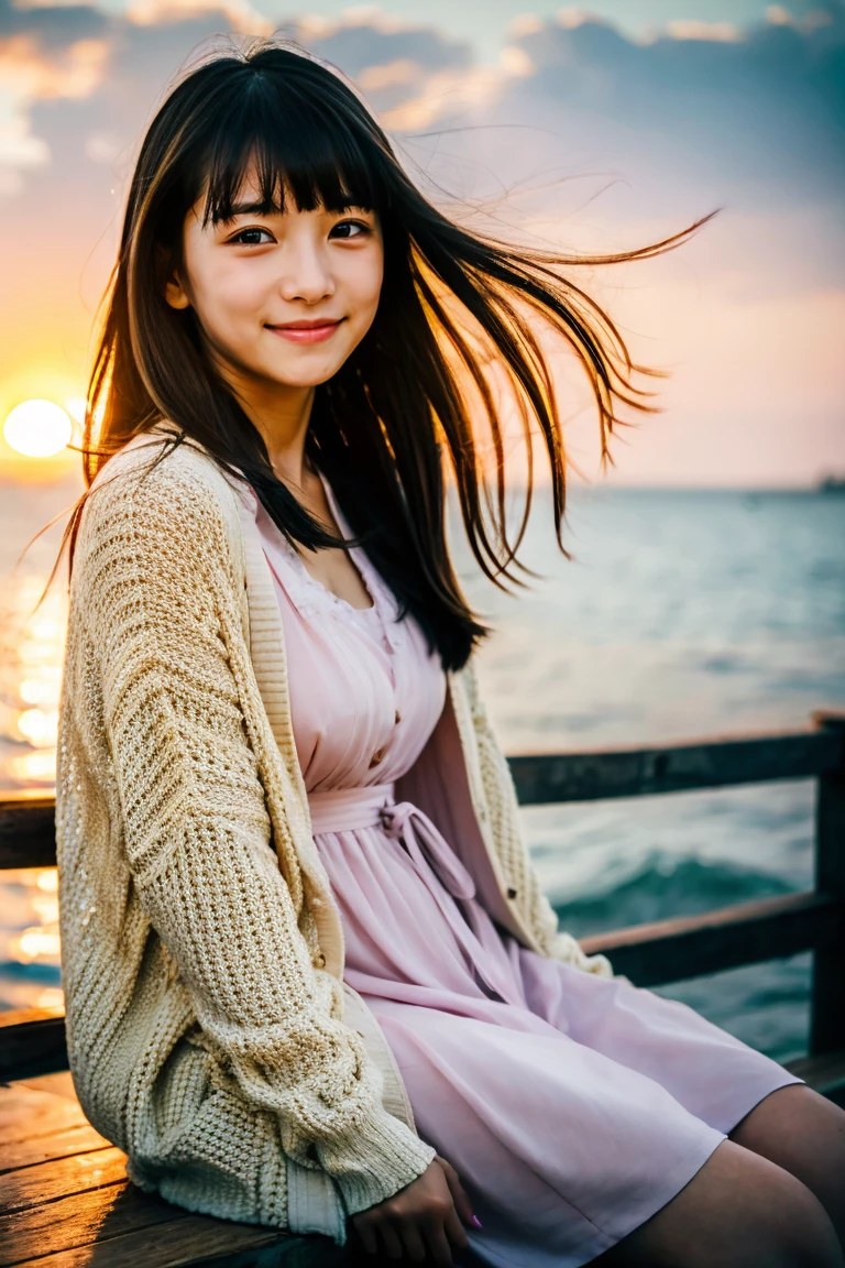 Beautiful girl wearing a summer dress、thin summer cardigan、11 year old、japanes、Sunset sea from the ship deck、No bulge in the chest、Wistful expression、Wheat-colored The skin、heavy wind、Straight long black hair with bangs、Luxury liner、少し日焼けしたThe skin、Black、the setting sun、smiling wryly、