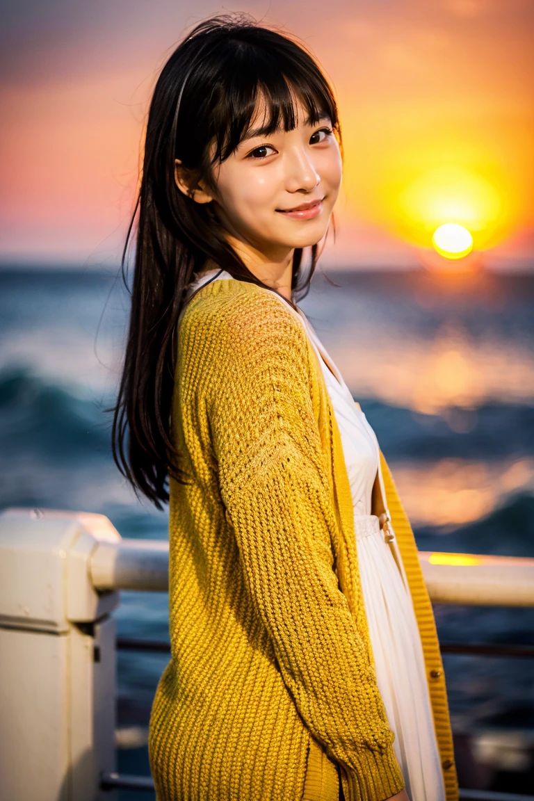 Beautiful girl wearing a summer dress、thin summer cardigan、、japanes、Sunset sea from the ship deck、No bulge in the chest、Wistful expression、Wheat-colored　The skin、heavy wind、Straight long black hair with bangs、Luxury liner、少し日焼けしたThe skin、Black、the setting sun、smiling wryly、