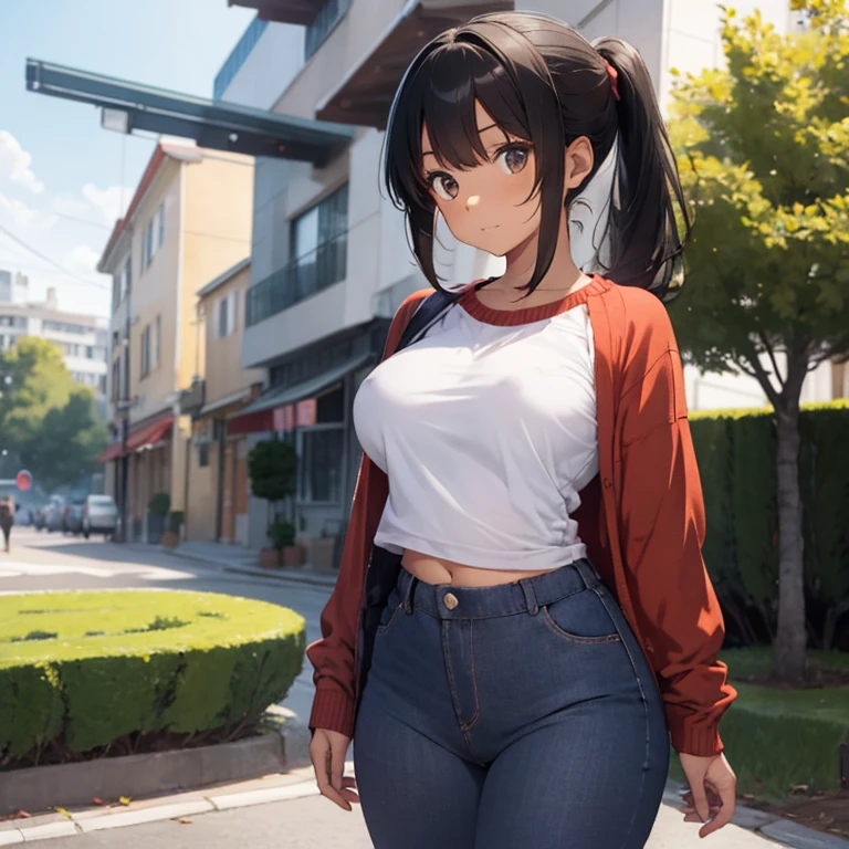 masterpiece, top quality, highly deteiled, voluptous girl 1 person, adult, tomboy, brown skin, black hair, hair ponytail with white, wearing a red deportive sweater, tight green t-shirt below sweater, devortive red pants , age: 22, view from front, pretty face, large breasts, nipples, large hips, large thighs, in a park