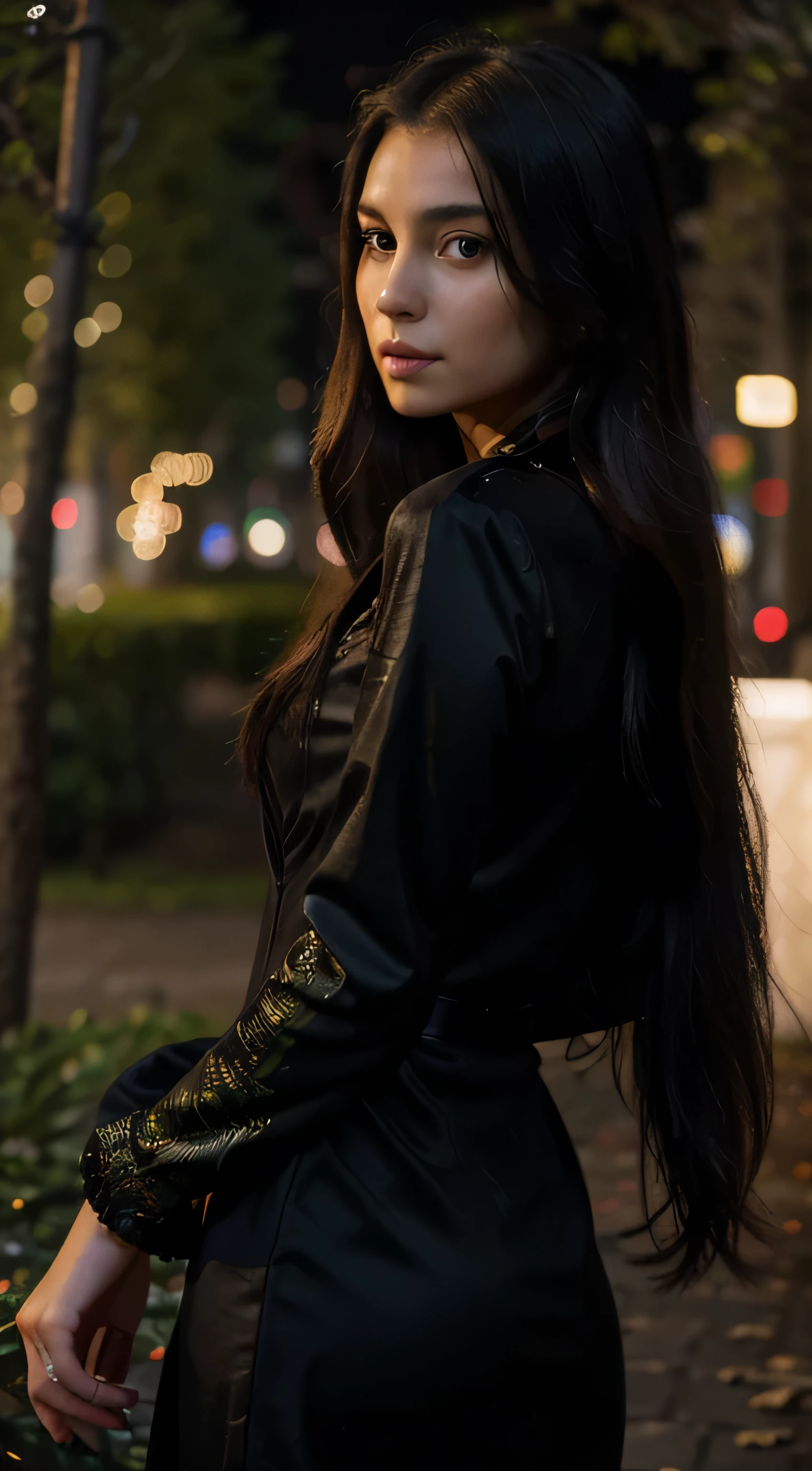 (masterpiece), best quality, ultra high res, close up, slim body, 1girl,one piece black dress, long hair, serious, vine glass full of vine , night, she is in park, colorful lights, photon mapping, radiosity, physically-based rendering, cinematic lighting, intricate, High Detail, Sharp focus, dramatic, photorealistic