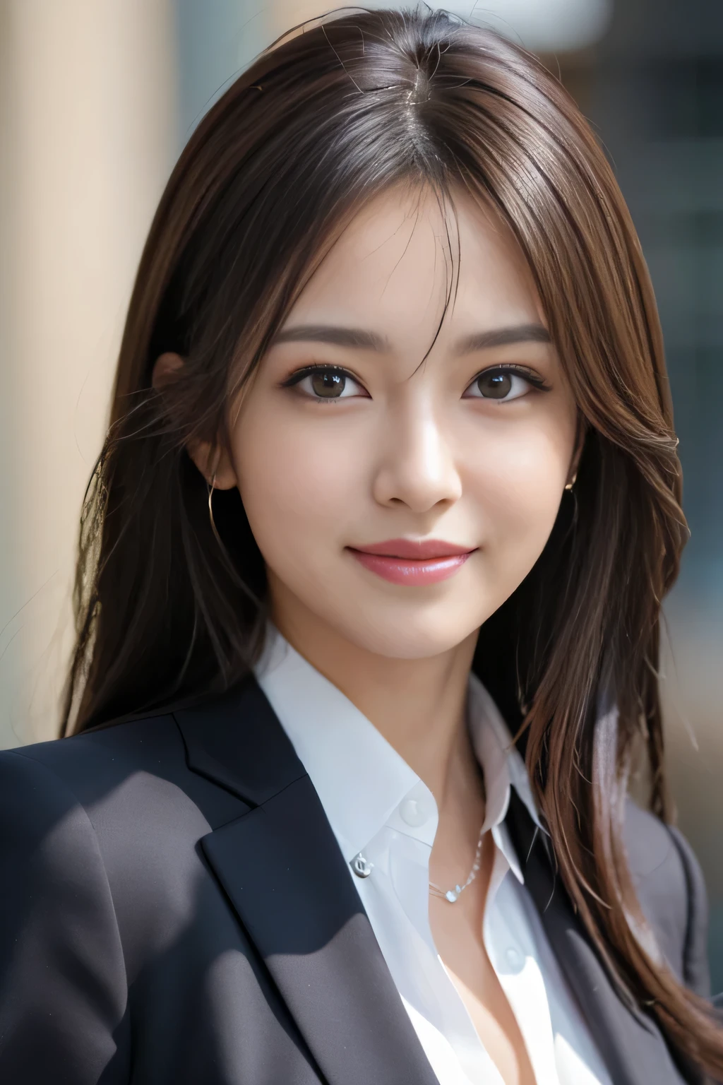 masutepiece, Best Quality, Photorealistic, Ultra-detailed, finely detail, High resolution, 8K Wallpaper, 1 beautiful woman,, light brown messy hair, in a business suit, foco nítido, Perfect dynamic composition, Beautiful detailed eyes, detailed hairs, Detailed realistic skin texture, Smiling, Close-up portrait, Model body type