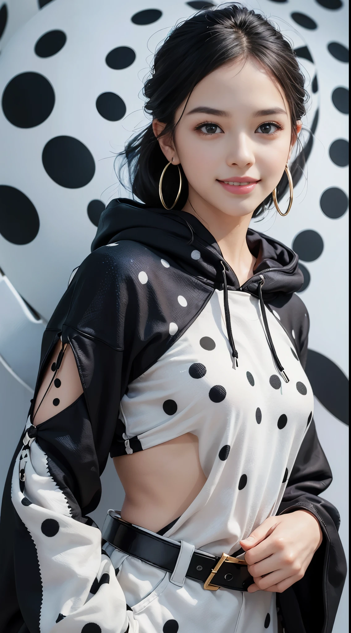 (Realistic:1.8), (Digital art:0.2), (Dot pattern art:1.7),(agpi official art, beautiful and aesthetic, ultra detailed, beautiful, masterpiece, best quality:1.6), (1girl:1.2), Detailed face, Detailed eyes, Detailed hair, young fingers, Detailed fingers, five fingers, BREAK cute ig model, Japanese cute model, 22 years old, Tightened all body, small head, small face, small mouth, diamond Face, small nose, Sharp Faceline, (dropy eyes, Double eyelid, Light color eyes, Glossy eyes, Shiny eyes:1.2), Shiny skin, shiny hair, (gray hair:1.2),
_
BREAK (happy, smile, Teeth, Glossy Lip:1.2),beautiful Teeth, (upper body:1.5), sitting, from front,
_
BREAK (BLACK and White theme:1.4), (background:1.4), (retro black and white polka dot pattern background:1.5),
(pose:1.3), (casual standing with hands in pockets:1.3), (camera focused on full body:1.2),
(view:1.2), (angled view to showcase baggy size and accessories:1.2),
BREAK
(black and white theme:1.3), (oversized polka dot-patterned hoodie:1.3), (loose-fitting for a comfortable look:1.2), (black oversized sunglasses:1.2), (chunky black bracelets:1.2),
BREAK
(baggy size:1.3), (relaxed fit, emphasizing comfort and style:1.2), (black hoop earrings:1.2), (wide black leather belt:1.2),