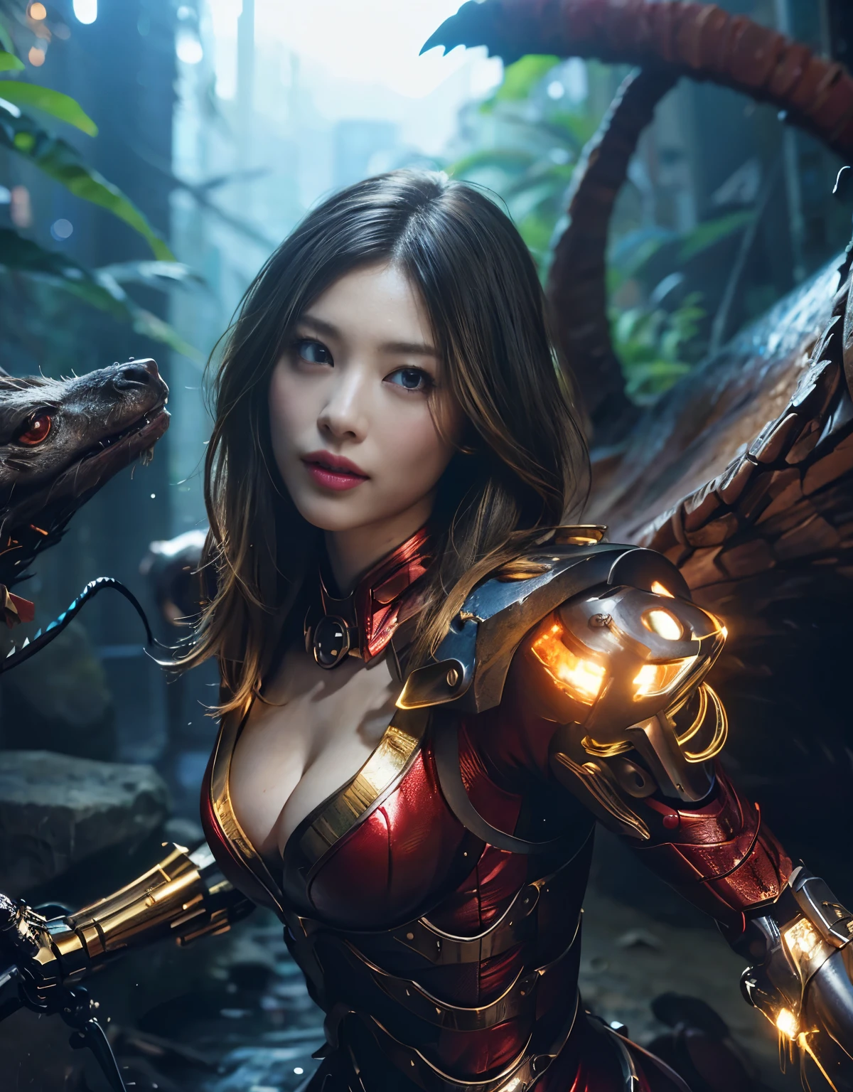((Fighting Demonic Beasts))、top-quality、​masterpiece、超A high resolution、(Photorealsitic:1.4)、Raw photo、女の子1人、Golden hair、glowy skin、(((1 Mechanical Girl)))、With a beautiful knife、（Blue Metal Bodysuit）、(beautiful forest background)、(Fighting Demonic Beasts)、(Small LED)、((super realistic details))、vertical giant monster background),globalillumination、Shadow、octan render、8K、ultrasharp、Colossal tits、Raw skin is exposed in cleavage、metals、Details of complex ornaments、Japan details、highly intricate detail、Realistic light、CGSoation Trends、Red Eyes、Eyes shining towards the camera、neon details、(Mechanical edge blood vessels connected to tubes)、Mechanical vertebrae attached to the back、mechanical cervical attaching to neck、(Wires and cables connecting to the head)、Gundam、Small LED、,Mechanical thighs、Toostock、（Hands are also made of machines）、（Attack of the Monster Beasts）、（Wounded in a deadly battle）、