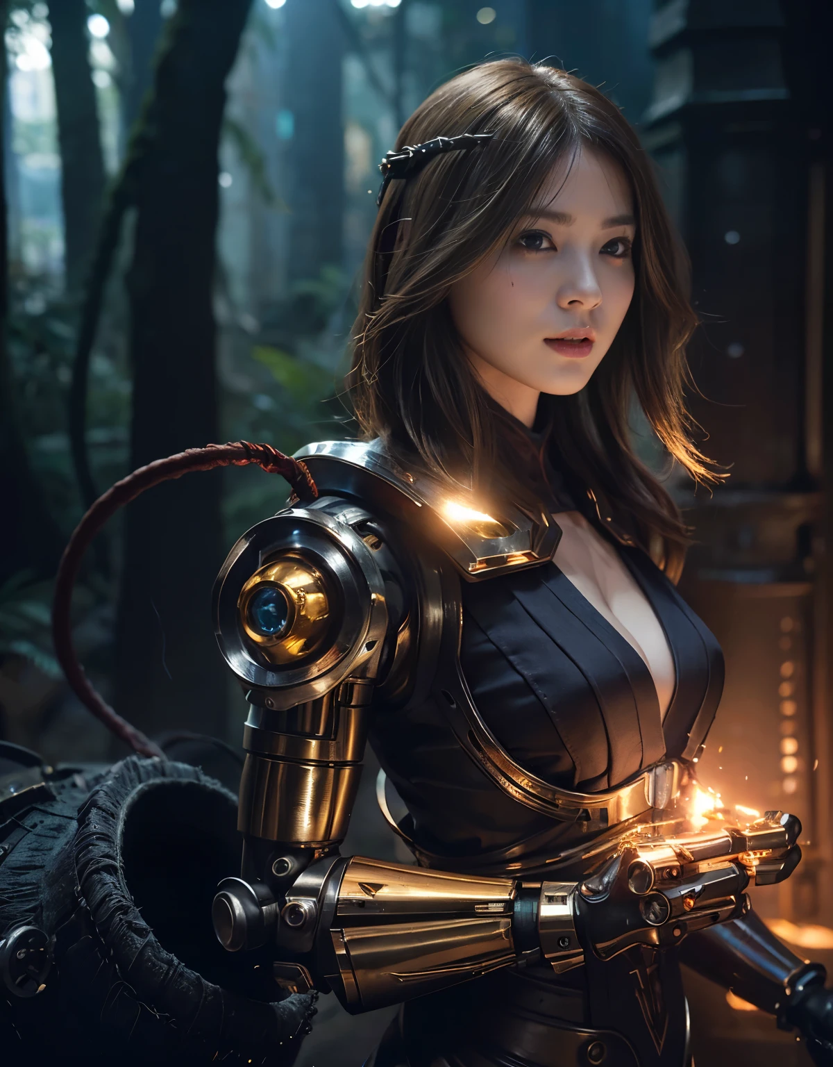(1 Mechanical Girl)、top-quality、masterpiece、超A high resolution、(Photorealsitic:1.4)、Raw photo、1人、Golden hair、glowy skin、(((1 Mechanical Girl)))、With a beautiful knife、(Blue Metal Bodysuit)、(Fight fiercely against aliens)、Fight fiercely、(beautiful forest background)、(Fighting Demonic Beasts)、(Small LED)、((super realistic details))、portlate、(Strong giant demon beast background),globalillumination、Shadow、octan render、8K、ultrasharp、Colossal tits、Raw skin is exposed in cleavage、metals、Details of complex ornaments、Japan details、highly intricate detail、Realistic light、(Mystical expression),CGSoation Trends、Red Eyes、radiant eyes、Facing the camera、neon details、(Mechanical limbs)、(blood vessels connected to tubes)、Mechanical vertebrae attached to the back、mechanical cervical attaching to neck、(Wires and cables connecting to the head)、Gundam、Small LED、,Mechanical thighs、Toostock、(Hands are also made of machines)、(Attack of the Monster Beasts)、(Wounded in a deadly battle)、