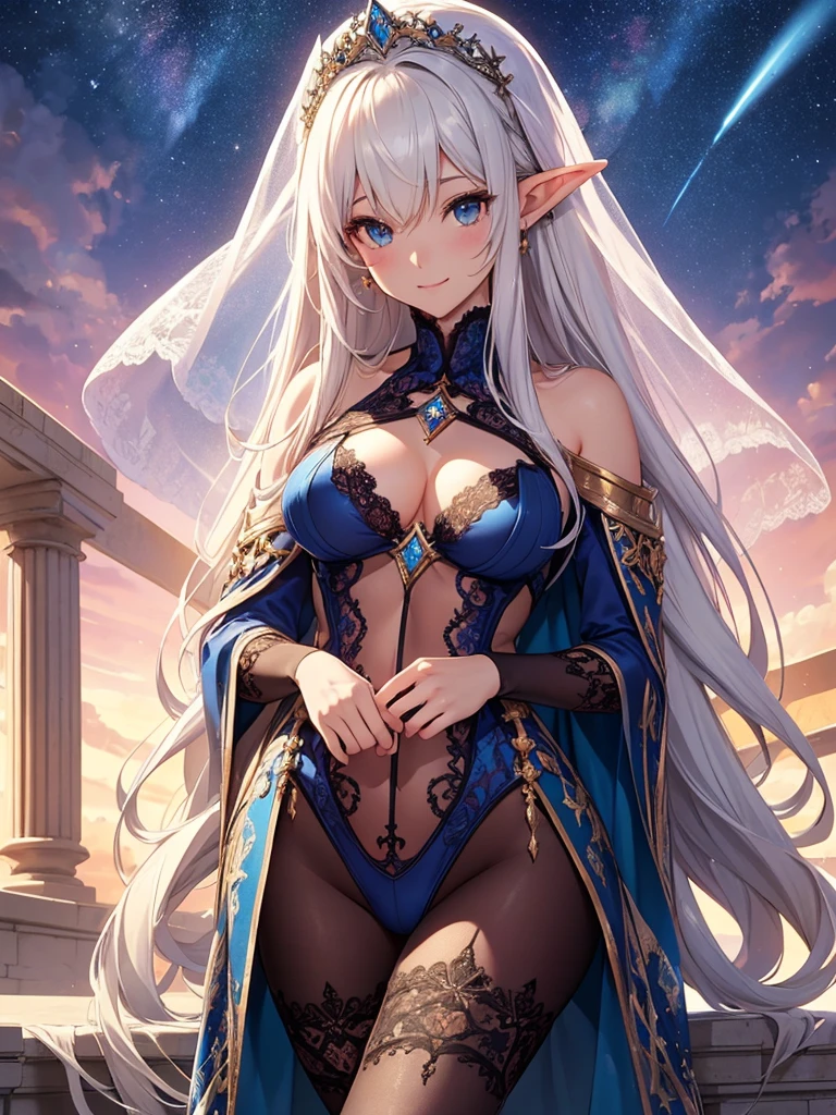 top-quality、Top image quality、But terpiece、Super beautiful elf beauty((24 year old、Best Bust、big bast、Bust 90,beautiful blue long ironed hair、a blond、globe、A Sexy is、A slender、a closeup、Esbian、beautiful tiara、hiquality、Beautiful Art、Background with((starrysky)))But ute piece、visualart、depth of fields、low angle night sky、、Elven ears、、light magic、Space Knight、harp melody🎵、Happy smile、Gentle light、、Beautiful legs that are gentle on the skin、、、Number of fingers to achieve precise finger movements、ticker beautiful decoration、elegent、Mystical field under the flower garden、Marble pillars, beautiful dressy、Snowy landscape in winter、byzantine art、art noveau、Temple of Time、Great watch、hour glass、sundial、NSFW.A sexy1.3,
(gorgeous body stocking:1.3), (intricate lace:1.4), (see thorough:1.5),