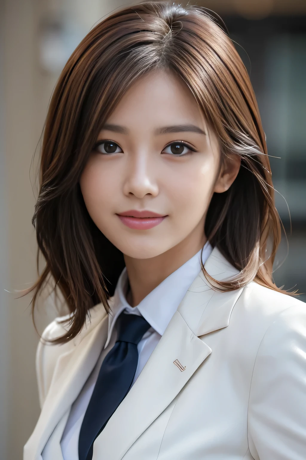 masutepiece, Best Quality, Photorealistic, Ultra-detailed, finely detail, High resolution, 8K Wallpaper, 1 beautiful woman,, light brown messy hair, in a business suit, foco nítido, Perfect dynamic composition, Beautiful detailed eyes, detailed hairs, Detailed realistic skin texture, Smiling, Close-up portrait, Model body type