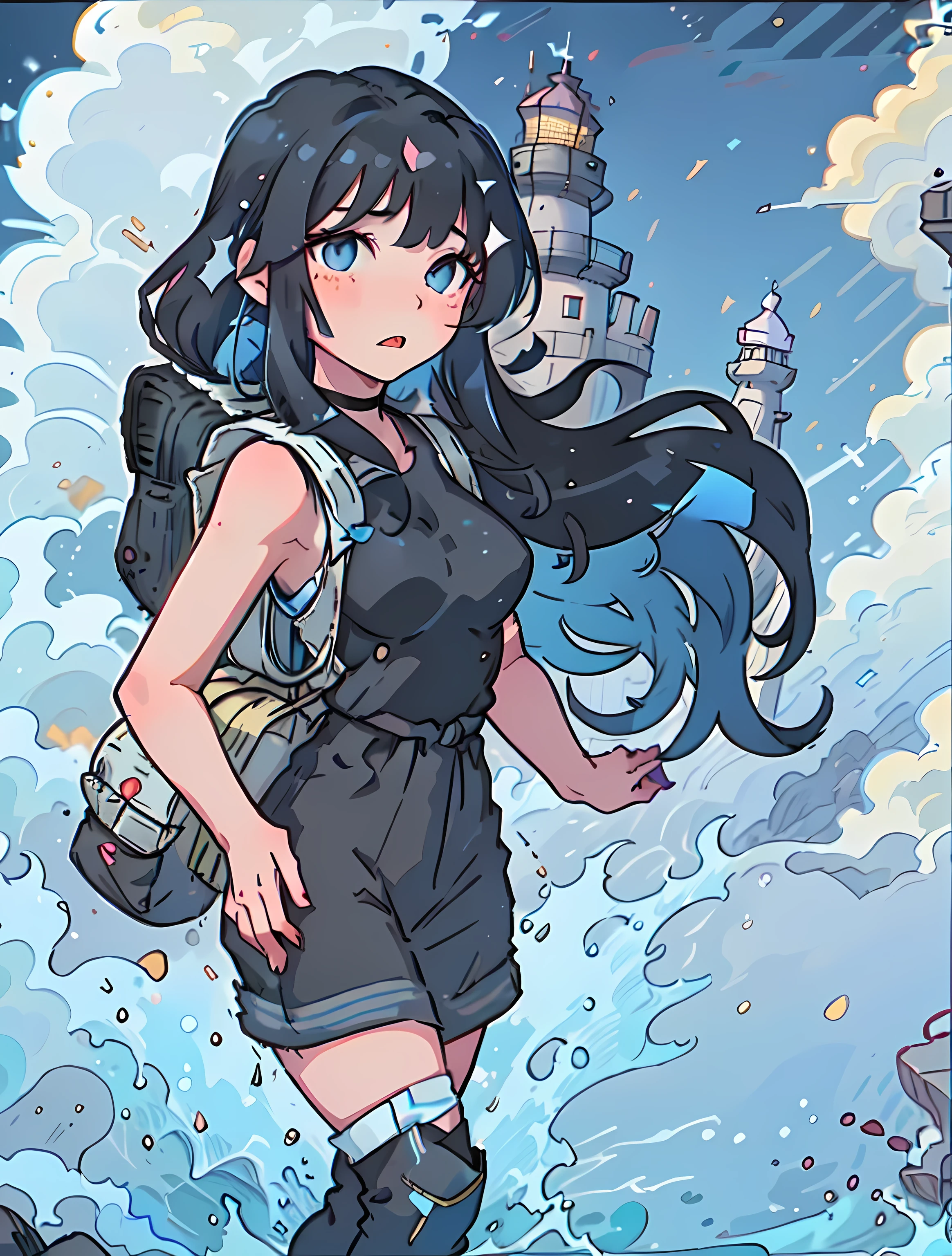 The focus is on a girl with medium-long black hair。
In the center of the picture is the girl posing with the lighthouse，Capture her expressions and lighthouse features。Describe the environment near the lighthouse，Highlight the presence of the lighthouse。
Emphasize the unique atmosphere of the lighthouse，There will be the sound of sea breeze。focuses on the girl&#39;blue colored eyes，Capture her expression as she interacts with the lighthouse。
Describe her expression when posing with the lighthouse，reveal feelings of loneliness。Depicts a girl wearing a cropped tank top and a slightly larger overall waist，Expose the lateral breasts。Wearing a side backpack，Wearing stylish black boots，Highlight her neat temperament，Make her style more prominent。