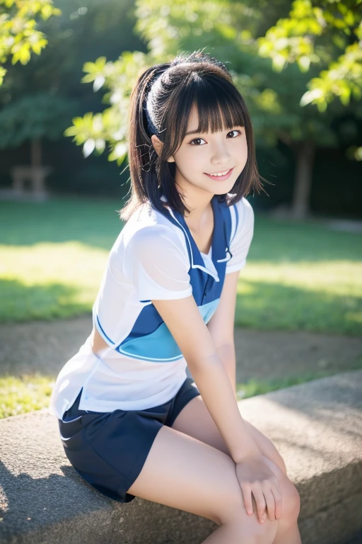 (((​masterpiece))),  (One beautiful Japan girl, classmates, landscape and innocence，kawaii) ，超A high resolution, Realistic, ultra-detailliert, 8K,top-quality, Extremely detailed, Detailed background,A slender,very beautiful japanese girl, Detailed face:1.3), (Cute hairstyle，A dark-haired :1.4), (a ，kawaii系,adorable 14 year oPerfect body:1.1),  (White gym clothes with short sleeves，wearing dark blue bloomers), The best smile,Please show me your beautiful teeth,Super Detailed Face、Detailed lips、A detailed eye、small gravure idol，Transparent skin、Lori，sports ground，((full body Esbian))，Focus on the buttocks