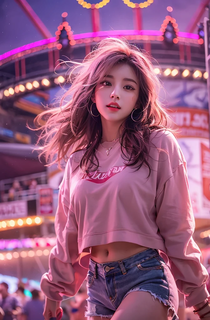 1girl, Super beautiful girl, Dream Girl, Vestir de rosa, ulzzang, danza, Al fondo un concierto en un parque de atracciones, lightning in the sky, Ultra detalles, ultra realista, Kinematic , Renderizado de octanaje, 16k