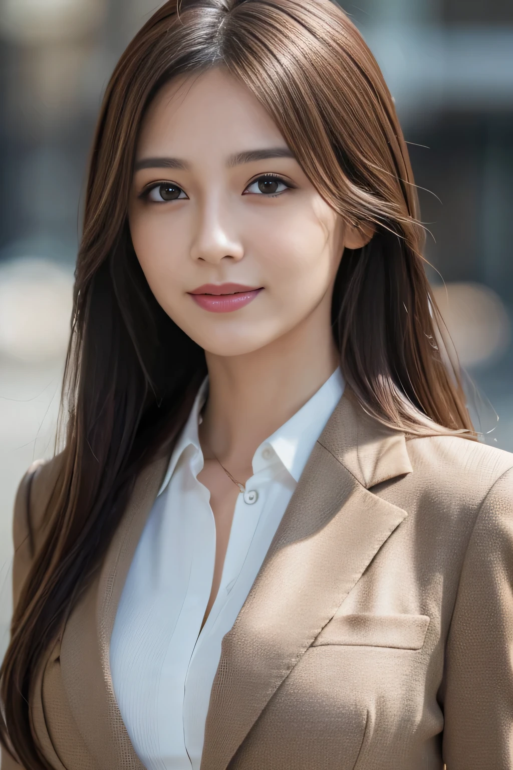 masutepiece, Best Quality, Photorealistic, Ultra-detailed, finely detail, High resolution, 8K Wallpaper, 1 beautiful woman,, light brown messy hair, in a business suit, foco nítido, Perfect dynamic composition, Beautiful detailed eyes, detailed hairs, Detailed realistic skin texture, Smiling, Close-up portrait, Model body type