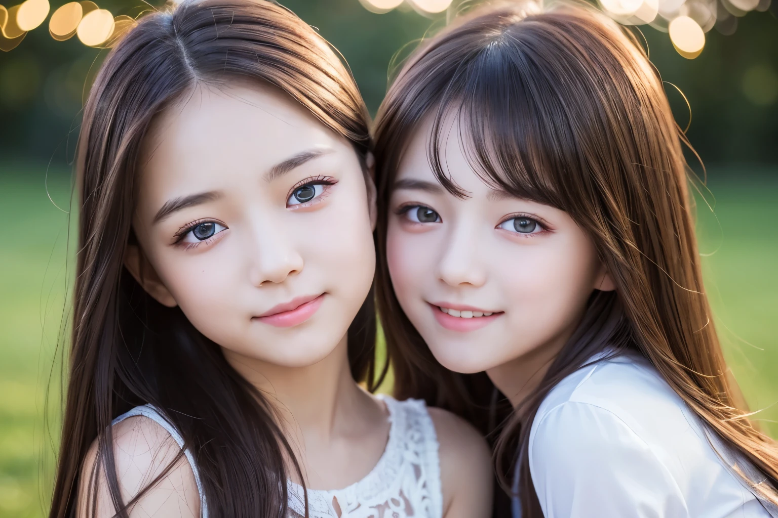 outdoor, beautiful sky, twilight, kids, full body, girl and boy, older sister and younger brother, smile, beautiful face, double eyelids, long eyelashes, glowing eyes, highly detailed eyes, highly detailed pupils, highly detailed face, asian girl, masterpiece, 8k quality,