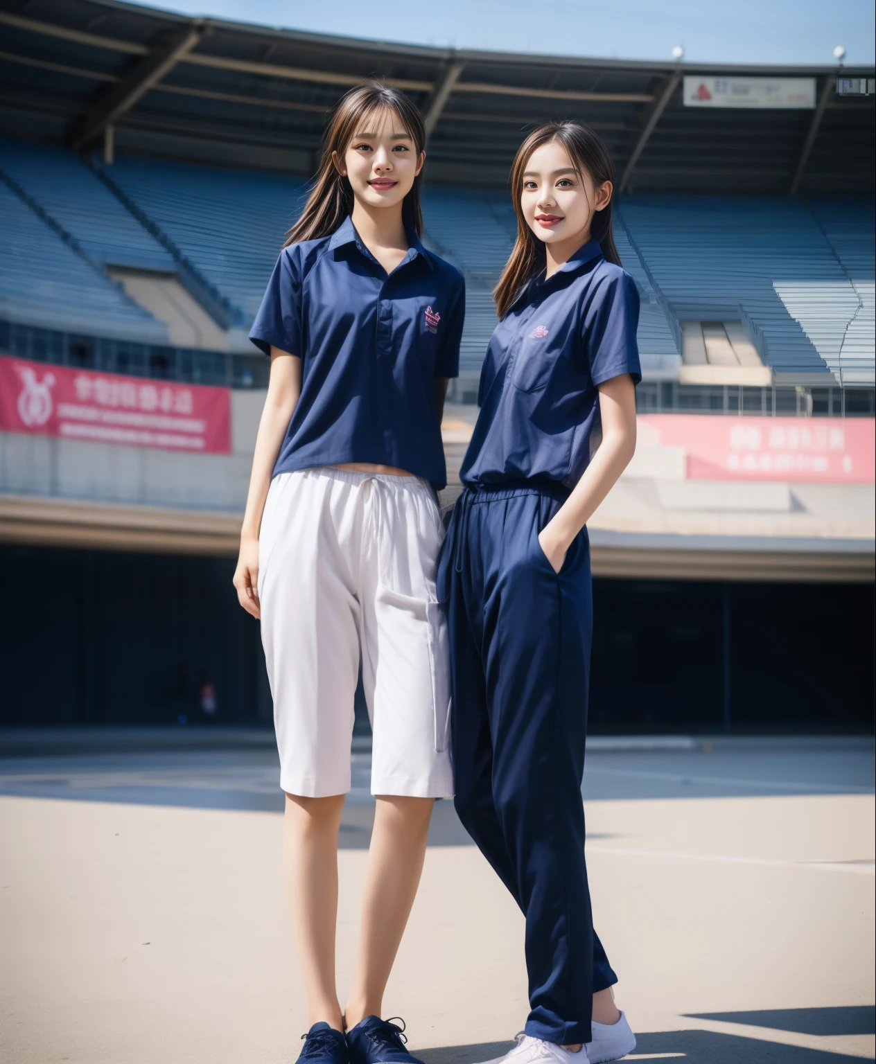(bestquality,10,10,highres,masterpiece:1.2),ultra-detail,(Realistic,ภาพRealistic,photo-realistic:1.37),1 Cute girl in the football field,oily shiny skin,bara,light smile,BDclothelue shirt:1.3)),short sleeves,shirt, trousers.,(navy_long_ติดตามtrousers:1.1), ((Stadium Background:1.3)),dynamic angle,excited,face focus,Dynamic Poses,from behide,Ass Focus,masterpiece, bestquality, ultra realistic, hyper-detail, 8k resolution, RAW photo, crisp focus, ((Navy blue shirt:1.1)), short sleeves, เส้นทางlong, Complete bodyแบบ, 2 mature women, 18yo, cinematic light,trousersวอร์มสีน้ําเงิน,Gymware,Correct anatomy,Complete body, Correct body, sharp face, Correct bodyทางกายวิภาค, full entire body, Realistic gestures, long-haired, Realistic poses,Wear long shorts..............................,ช่วงขาlong,Shapely,Sculpting Girl, Slender Figure, mannequin mannequins, Shapely, Beautiful body,trousersวอร์มสีน้ําเงิน, Two girls kissing