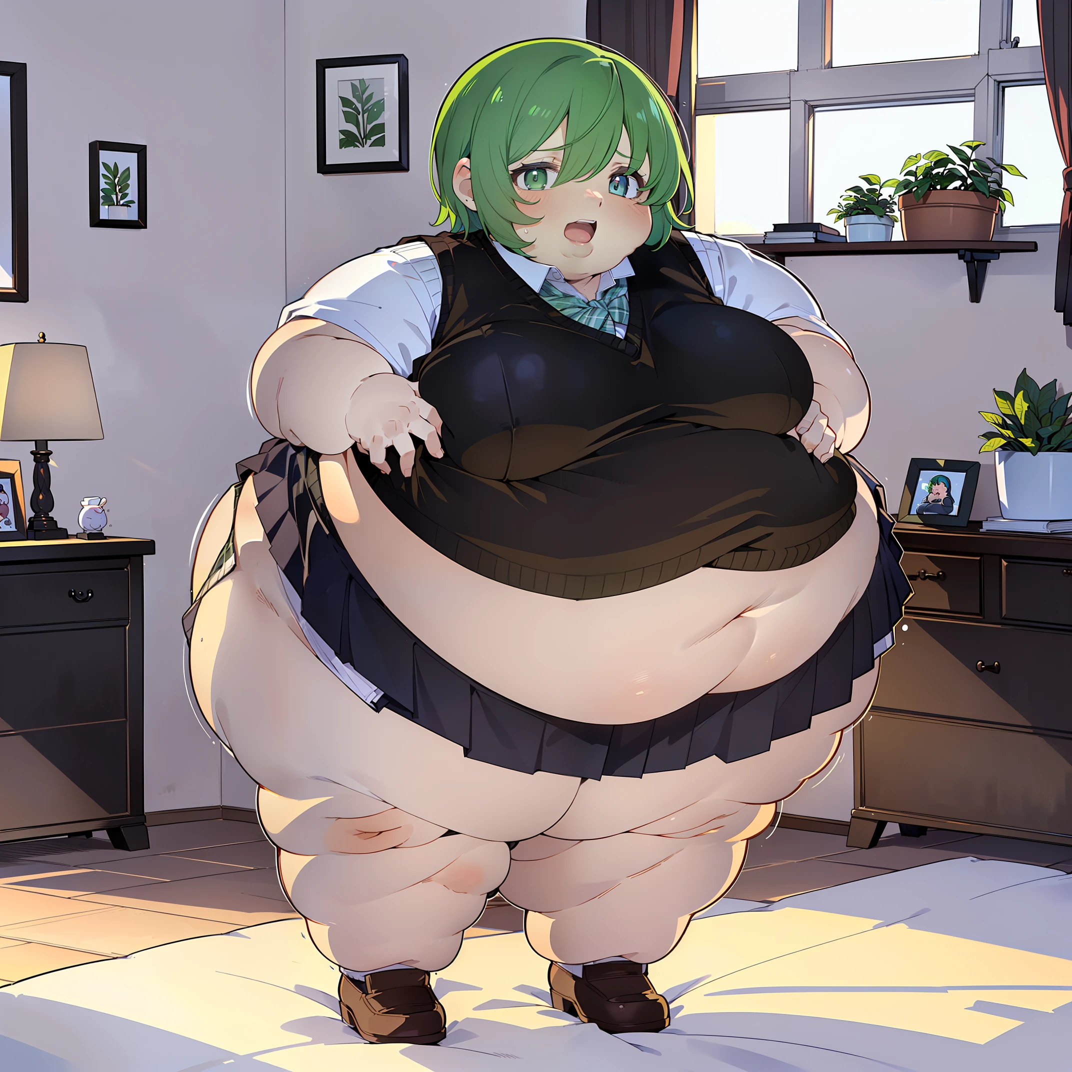 (((baby cute little))), (((white shirt, sweater vest, black vest, short skirt))), ((green hair)), ((chubby)), (((obese))), ((fat face)), (((big belly))), (((open mouth))), fat wide thighs, belly, (((tender pose ))), (((in a room))), detailed background, ((full body image)), (((both hands on breasts))),