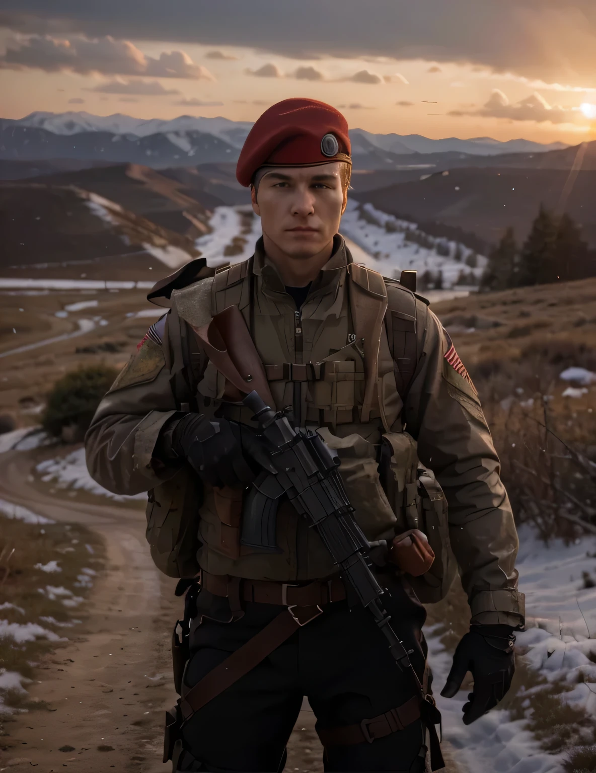 Soldado masculino, Finnish characteristics, Boina militar roja, Dark brown Soviet style cloth military uniform with white details., Harnesses and belts with ammunition, chaleco antibalas, lleva un rifle de asalto, she is in the siberian steppe, nieve, cielo rojo, 4k, Ultra detallado image, realista, Altamente detallado, perfect composition, splendid, Intrincadamente detallado, Incredibly detailed, 8 k artistic photography, hiper detallado, Obra maestra, Ultra detallado, hyperrealista, 4k, Ultra detallado image, realista, Altamente detallado, perfect composition , splendid, Intrincadamente detallado, Incredibly detailed, 8K fine art photography, hiper detallado, Obra maestra
