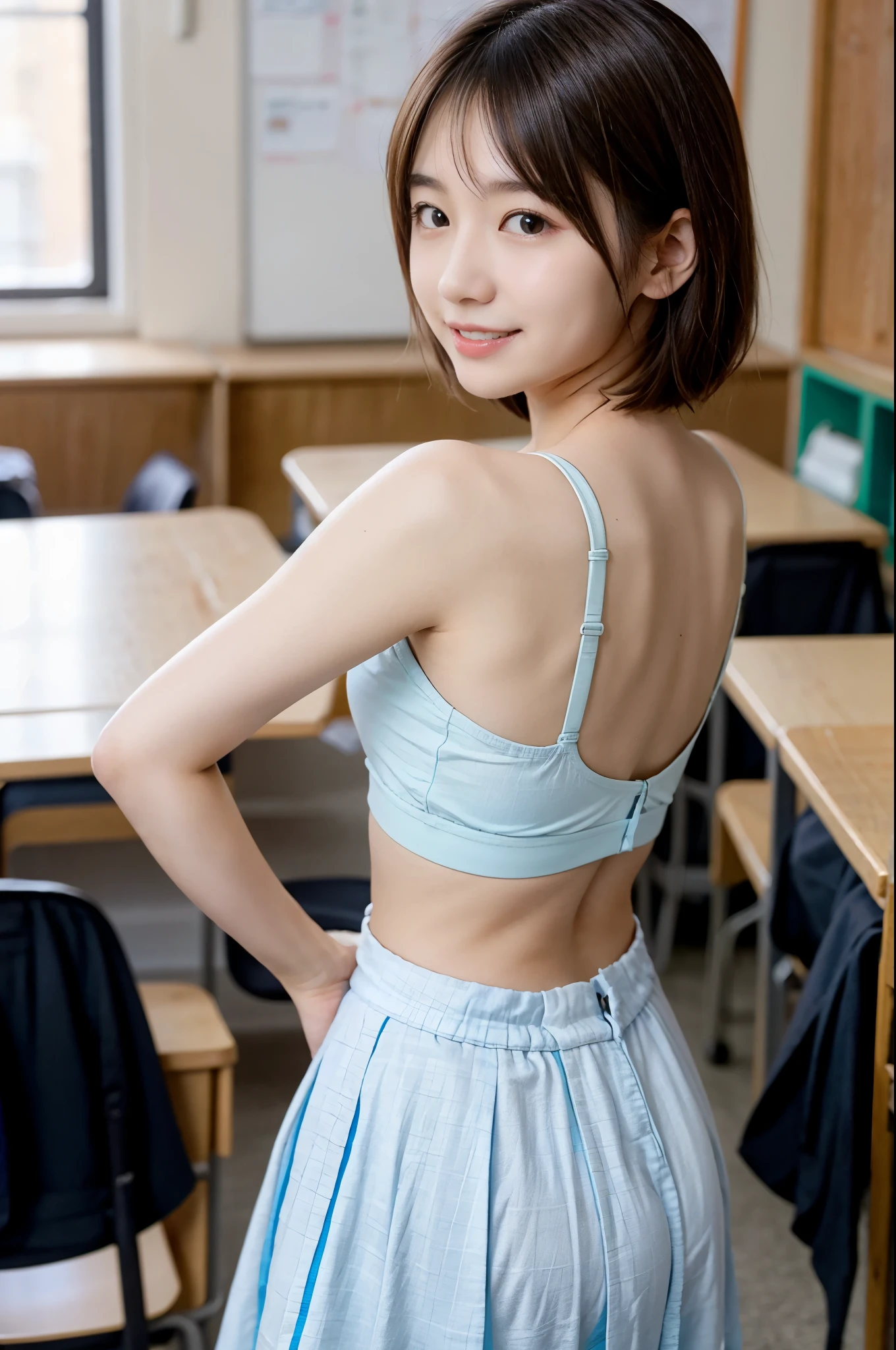 8K、Top image quality、​masterpiece、夏天、Japanese high school girl meets her friends in the classroom。she speaks happily、Shorthair、Silk underwear、Detailed eyes、facial close-up、profile、Beautiful back