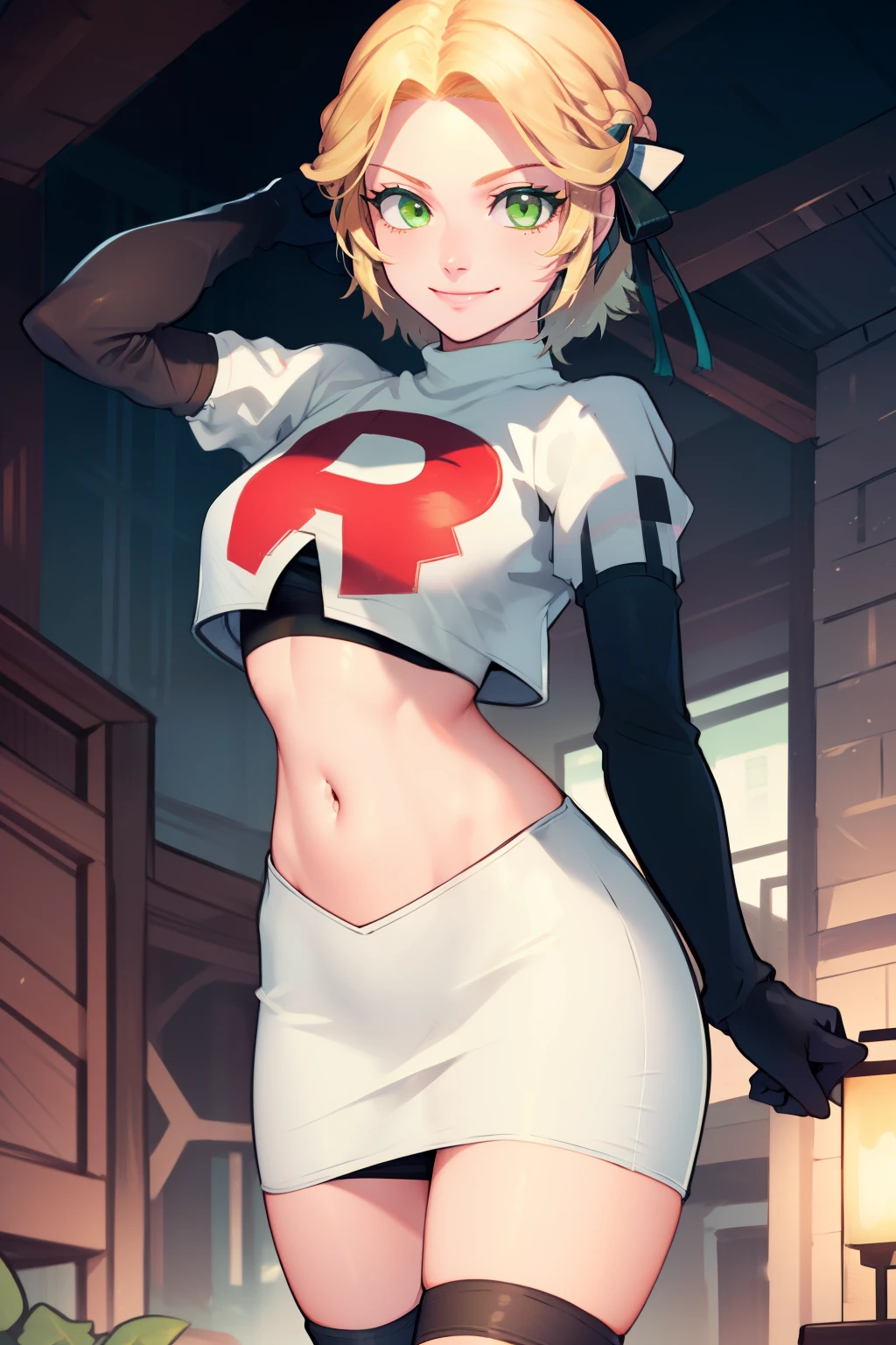 warIngrid, short hair, hair ribbons, green eyes ,team rocket,team rocket uniform, red letter R, white skirt,white crop top,black thigh-high boots, black elbow gloves , looking at viewer, evil smile