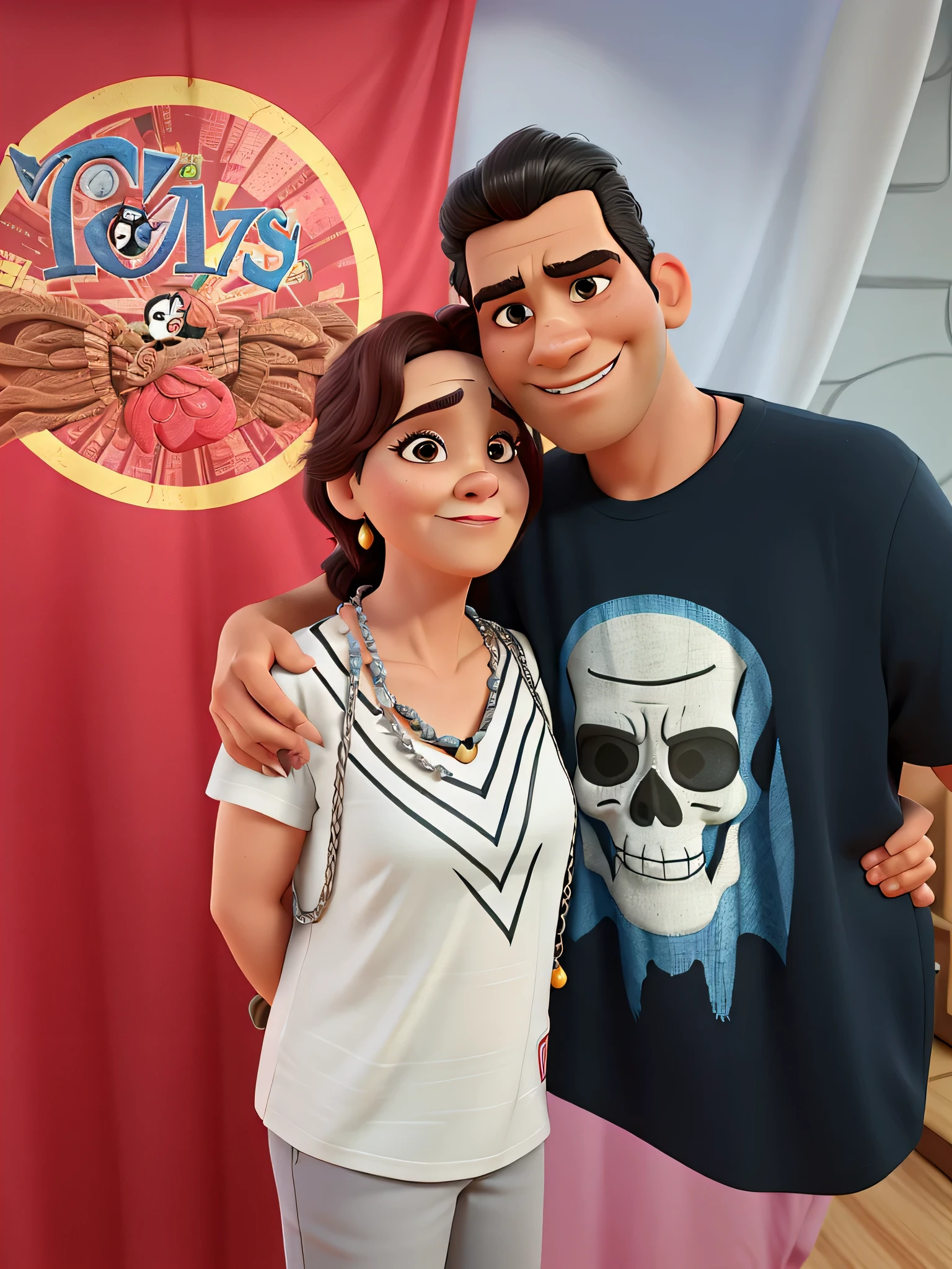 Uma mulher de 70 anos com o Filho de camiseta preta com caveira de 45 anos estilo disney pixar, alta qualidade, melhor qualidade