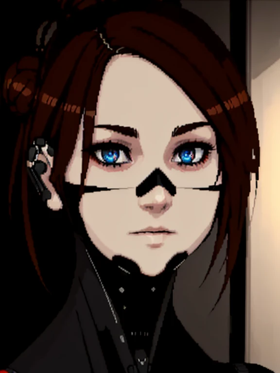 (masterpiece:1.2), high res, extreme detail, (Signalis), girl in black bodysuit, black bodysuit, detailed robotic blue eyes, anime, 1girl, standing in a dark black and red hallway, (face augments, ear augments:1.3), brown hair in bun, legs
