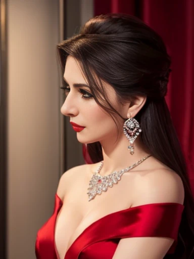 Lebanese lady, diamond dangling earrings, necklace, bracelets, small breasts, red lips, smokey eyes, red long satin slit dress, sad, hot, off shoulder, sleeveless, red cheeks, blush, side swept hair style, cleavages, radiant skin, dark party with neon lights, shy, embarrassed, 40 years old, eyes closed, moaning,