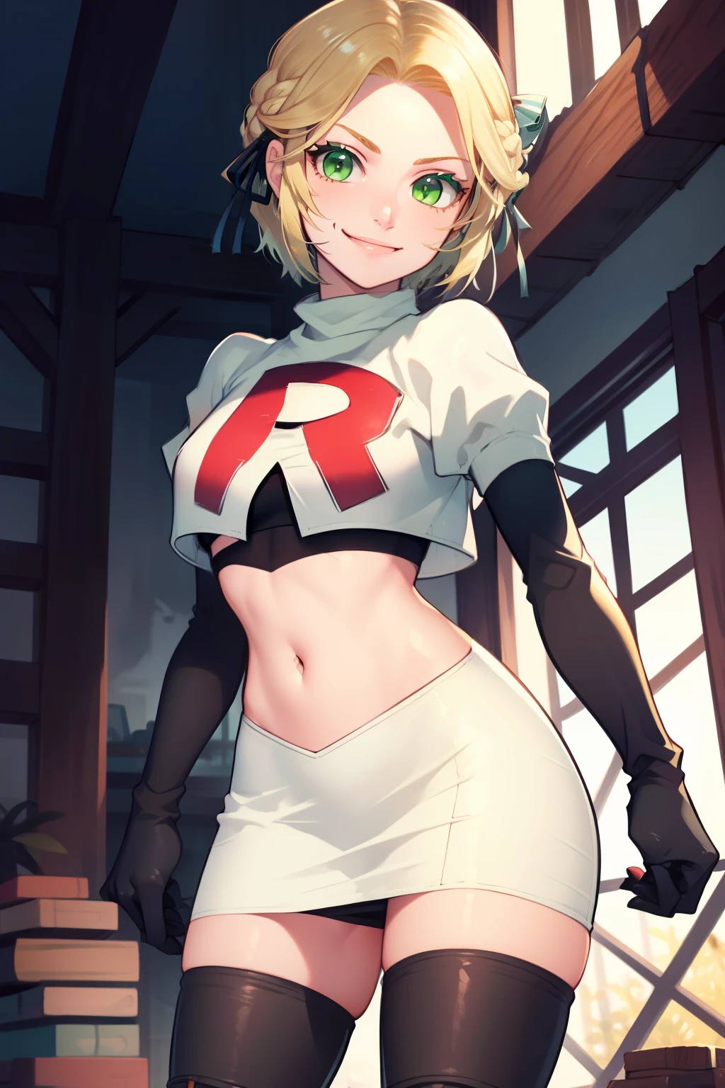 warIngrid, short hair, hair ribbons, green eyes ,team rocket,team rocket uniform, red letter R, white skirt,white crop top,black thigh-high boots, black elbow gloves , looking at viewer, evil smile