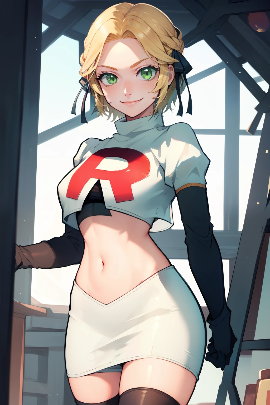 warIngrid, short hair, hair ribbons, green eyes ,team rocket,team rocket uniform, red letter R, white skirt,white crop top,black thigh-high boots, black elbow gloves , looking at viewer, evil smile