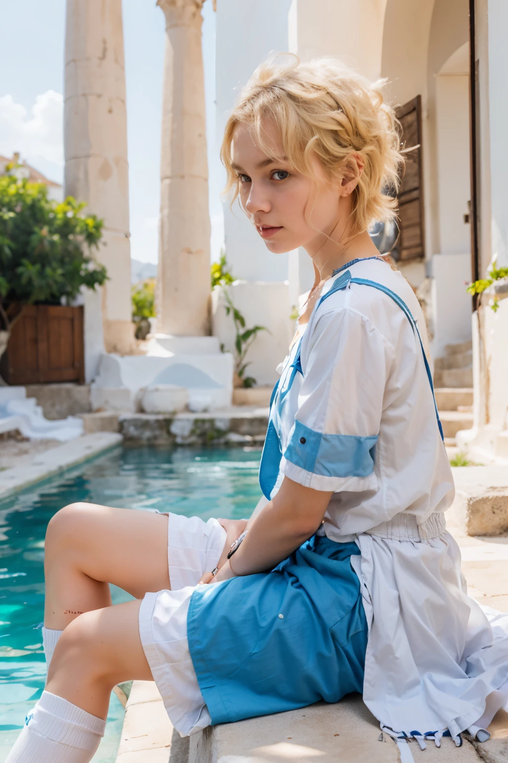 Girl wearing greek clothes, pale skin, buetifull, short blonde hair, in Greece, wearing blue shorts, wearing white socks,