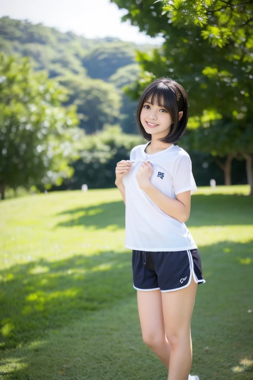 (((​masterpiece))),  (One beautiful Japan girl, classmates, landscape and innocence，kawaii) ，超A high resolution, Realistic, ultra-detailliert, 8K,top-quality, Extremely detailed, Detailed background,A slender,very beautiful japanese girl, Detailed face:1.3), (Bery short hair，A dark-haired :1.4), (a baby face，kawaii系,adorable 14 year old girl), (Perfect body:1.1),  (White gym clothes with short sleeves，wearing dark blue shorts), Shy smile,Please show me your beautiful teeth,Super Detailed Face、Detailed lips、A detailed eye、small gravure idol，Transparent skin、Lori，sports ground，((full body Esbian))，Focus on the buttocks，beautiful thigh，Poses with movement，I can see a glimpse of my bellybutton