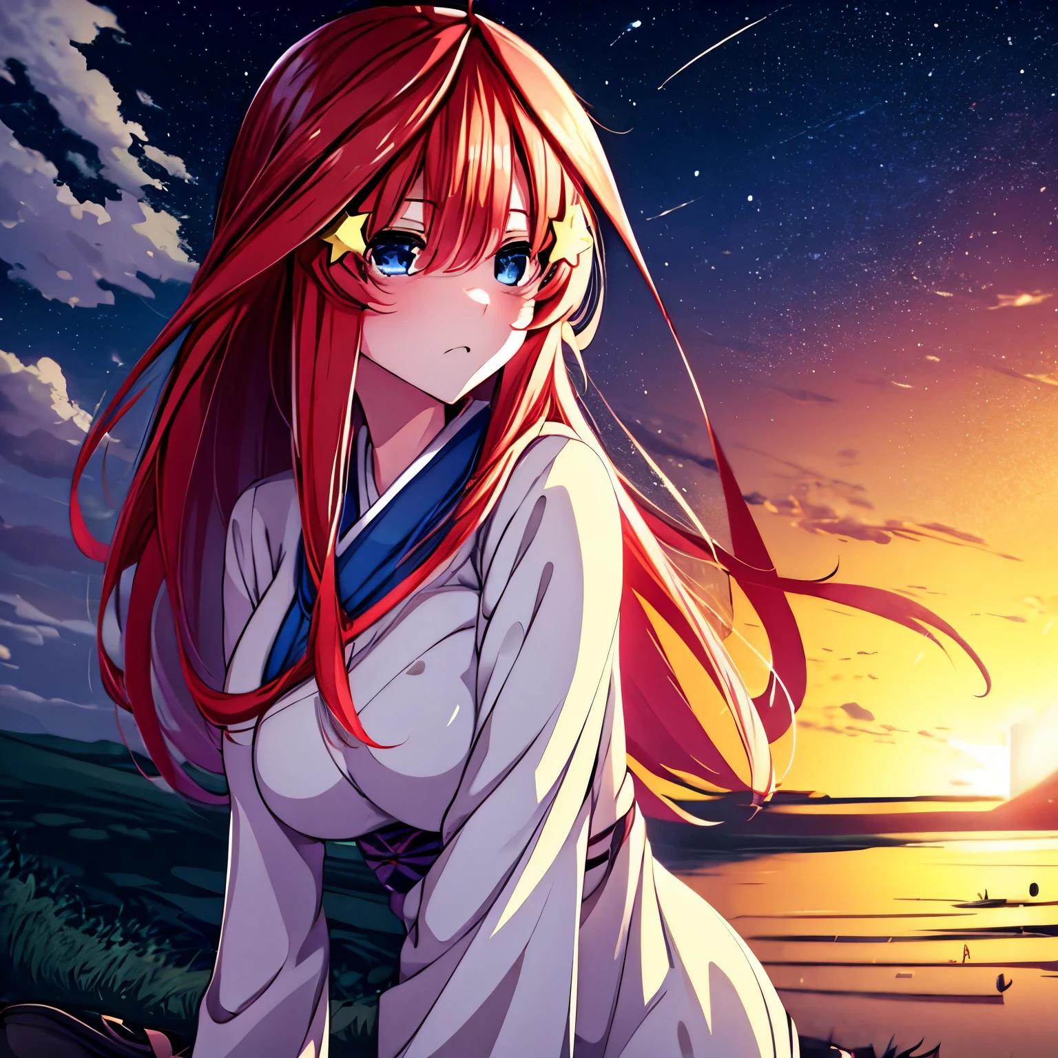 Anime babe,best quality,nakano itsuki,gotoubun no hanayome,red hair,cute,blue eye,star clip hair,