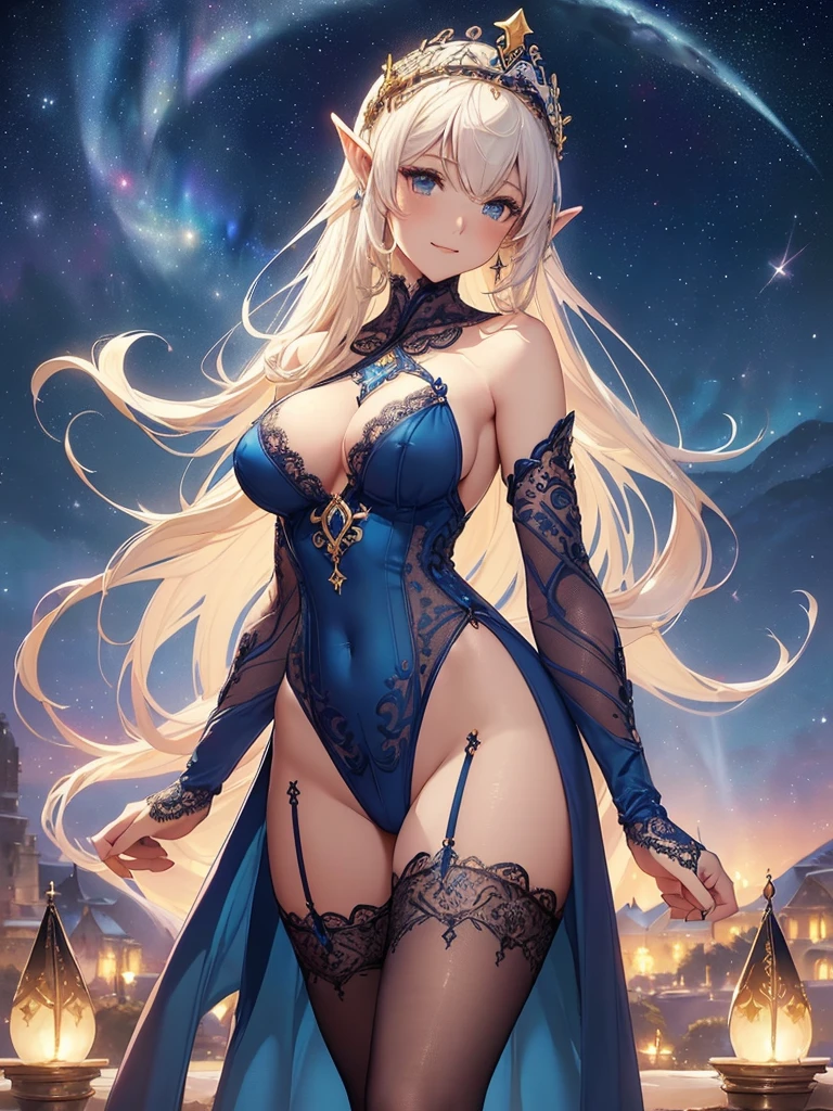top-quality、Top image quality、But terpiece、Super beautiful elf beauty((24 year old、Best Bust、big bast、Bust 90,beautiful blue long ironed hair、a blond、globe、A Sexy is、A slender、a closeup、Esbian、beautiful tiara、hiquality、Beautiful Art、Background with((starrysky)))But ute piece、visualart、depth of fields、low angle night sky、、Elven ears、、light magic、Space Knight、harp melody🎵、Happy smile、Gentle light、、Beautiful legs that are gentle on the skin、、、Number of fingers to achieve precise finger movements、ticker beautiful decoration、elegent、Mystical　　field under the flower garden、Marble pillars, beautiful dressy、Snowy landscape in winter、byzantine art、art noveau、Temple of Time、Great watch、hour glass、sundial、NSFW.A sexy1.3,巨大なglobe、Renaissance painting、Raphael paintings、the golden ratio

(gorgeous body stocking:1.3), (intricate lace:1.4), (see thorough:1.5),