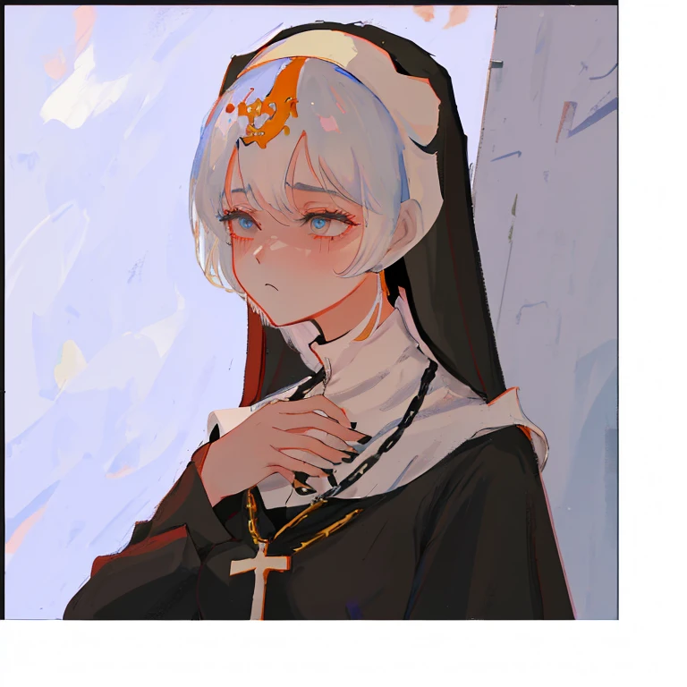 a close up of a cartoon nun with a rosary on her hand, nun outfit, nun, artwork in the style of guweiz, an evil nun, dressed like a cleric, loish and wlop, cutscene, billie eilish as a sad nun, & her expression is solemn, high quality fanart, (sfw) safe for work