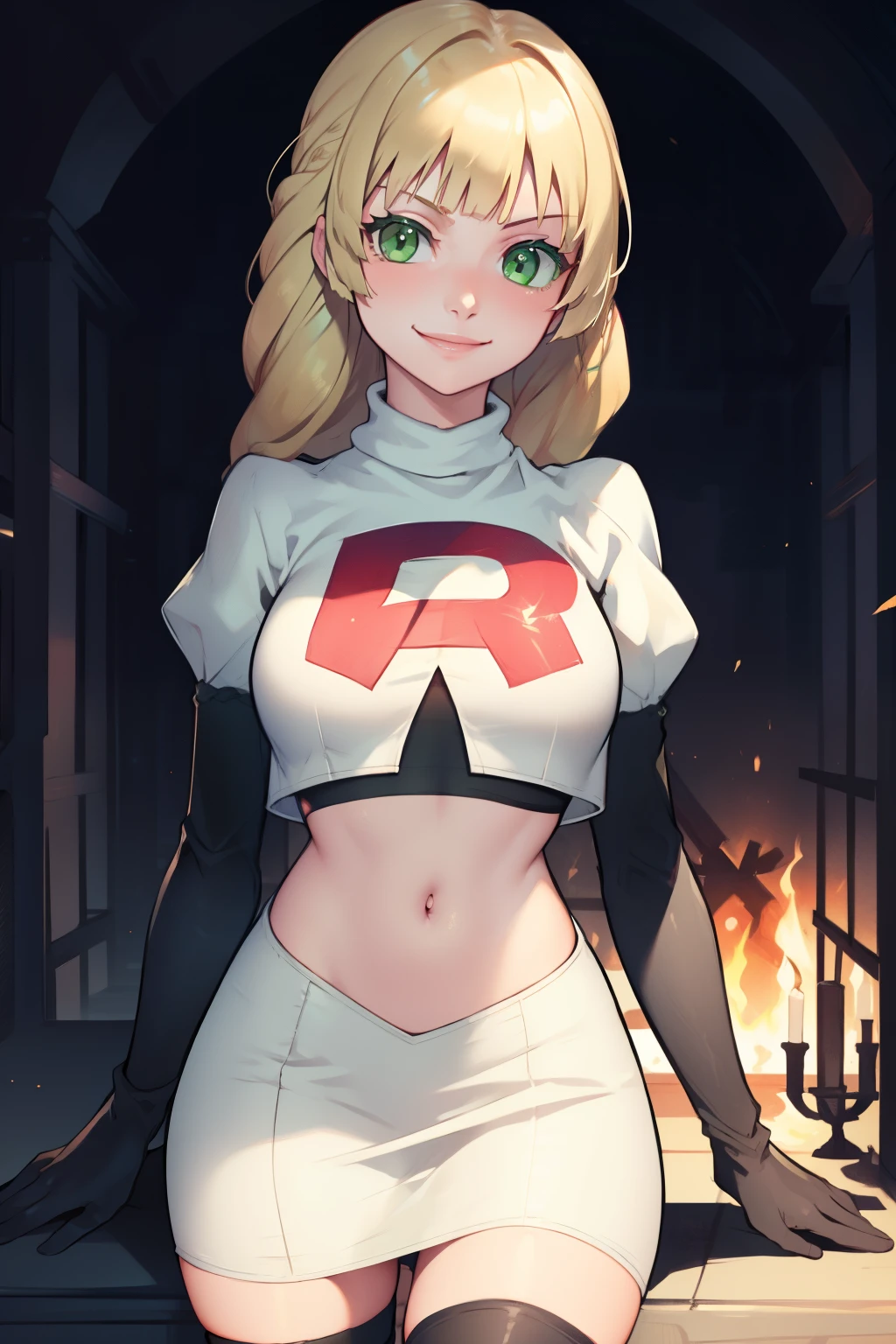 defIngrid, bangs, braided ponytail, green eyes, glossy lips ,team rocket,team rocket uniform, red letter R, white skirt,white crop top,black thigh-high boots, black elbow gloves , looking at viewer, evil smile