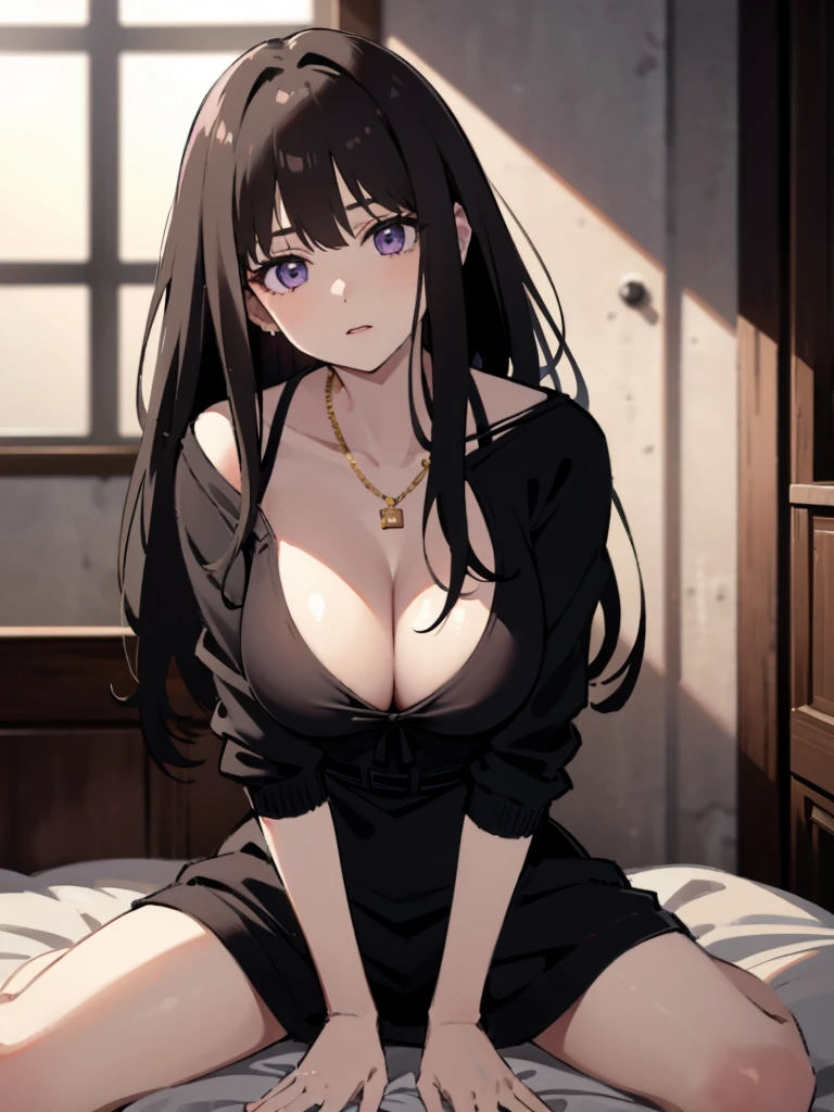 (best quality, masterpiece, extremely detailed, uhd, 8k wallpaper, highres), Inoue Takina, one anime woman, long hair, black hair, ((busty, big breasts, cleavage)), POV, close up, nightgown, black dress, (detailed eyes, beautiful eyes), (purple eyes:1.2), indoor, on the bed, bedroom, natural light, dynamic pose, looking to viewer, gold necklace