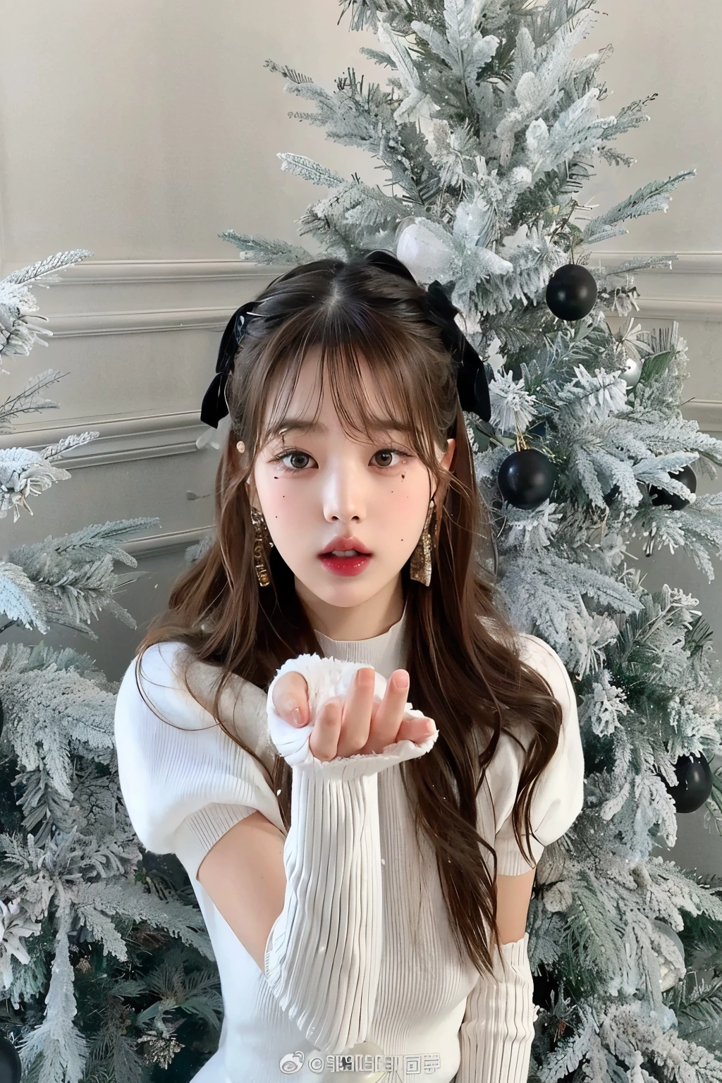 a closeup of a person near a christmas tree, Lalisa Manobal, ulzzang, Lalisa Manoban de Blackpink, neat hair con flequillo, con flequillo, flequillo esponjoso, con flequillo completo, Jinyoung Shin, Jaeyeon Nam, Parque Ji-min, Sakimichan, long hair con flequillo completo, long hair con flequillo