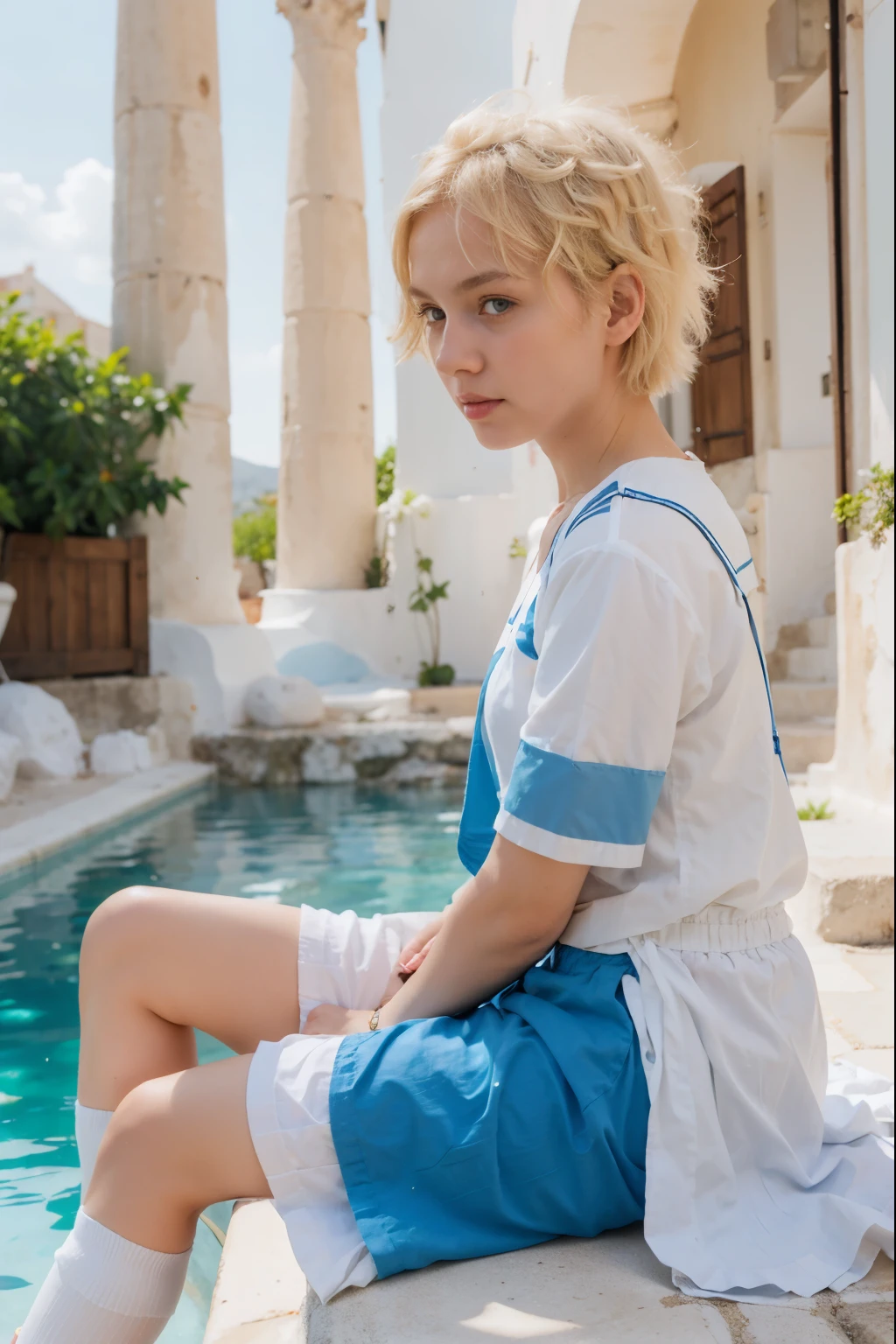 Girl wearing greek clothes, pale skin, buetifull, short blonde hair, in Greece, wearing blue shorts, wearing white socks,