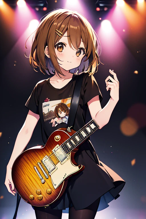 Yuihirasawa, Yui Hirasawa, (Brown eyes:1.5), Brown hair, Hair Ornament, hair clips, Medium Hair, (flat chest:1.2), Black T-shirt，pleatedskirt，Black Pantyhose King，lowfers，エレキguitar，Gymnasium stage(masutepiece:1.2), Best Quality, High resolution, Unity 8k壁纸, (Illustration:0.8), (Beautiful detailed eyes:1.6), extra detailed face, Perfect Lighting, extremely details CG, (Perfect hands, Perfect Anatomy),Rock Band Concert, Musical instrument performance, Stage Performance, hot air,Happy atmosphere、A smile、スタンドマイクの前でguitarを弾きながら熱唱,guitar(Gibson Les Paul)