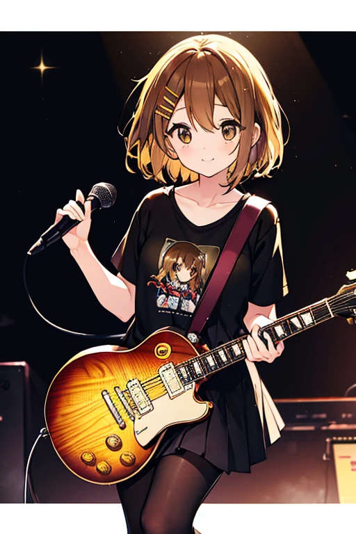 Yuihirasawa, Yui Hirasawa, (Brown eyes:1.5), Brown hair, Hair Ornament, hair clips, Medium Hair, (flat chest:1.2), Black T-shirt,pleatedskirt,Black Pantyhose King,lowfers,エレキguitar,Gymnasium stage(masutepiece:1.2), Best Quality, High resolution, Unity 8k壁纸, (Illustration:0.8), (Beautiful detailed eyes:1.6), extra detailed face, Perfect Lighting, extremely details CG, (Perfect hands, Perfect Anatomy),Rock Band Concert, Musical instrument performance, Stage Performance, hot air,Happy atmosphere、A smile、スタンドマイクの前でguitarを弾きながら熱唱,guitar(Gibson Les Paul)