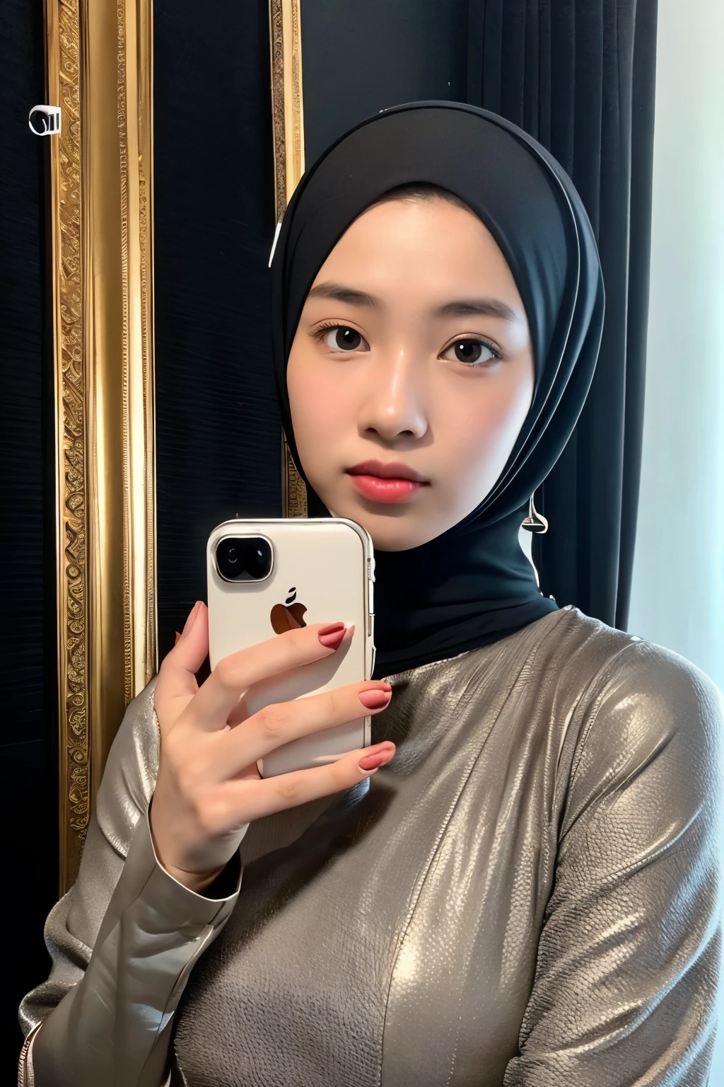 ((Perfectly insane textured)), ((Perfect proportional object arcithecture)), ((Perfect photo)), ((Super ekstremely detiled)), ((best quality)), ((masterpiece)), (detailed), perfect face
young of 15 years old indonesian wearing full of hijab and wearing kebaya indonesia java traditional costume, with minus lens spectacle, in the darken room taking a selfie in front of a mirror with "iphone 15 pro" with blitz light phone, a picture by Lü Ji, instagram contest winner, aestheticism, aesthetic, feminine, clean with dusty and water spore in the mirror