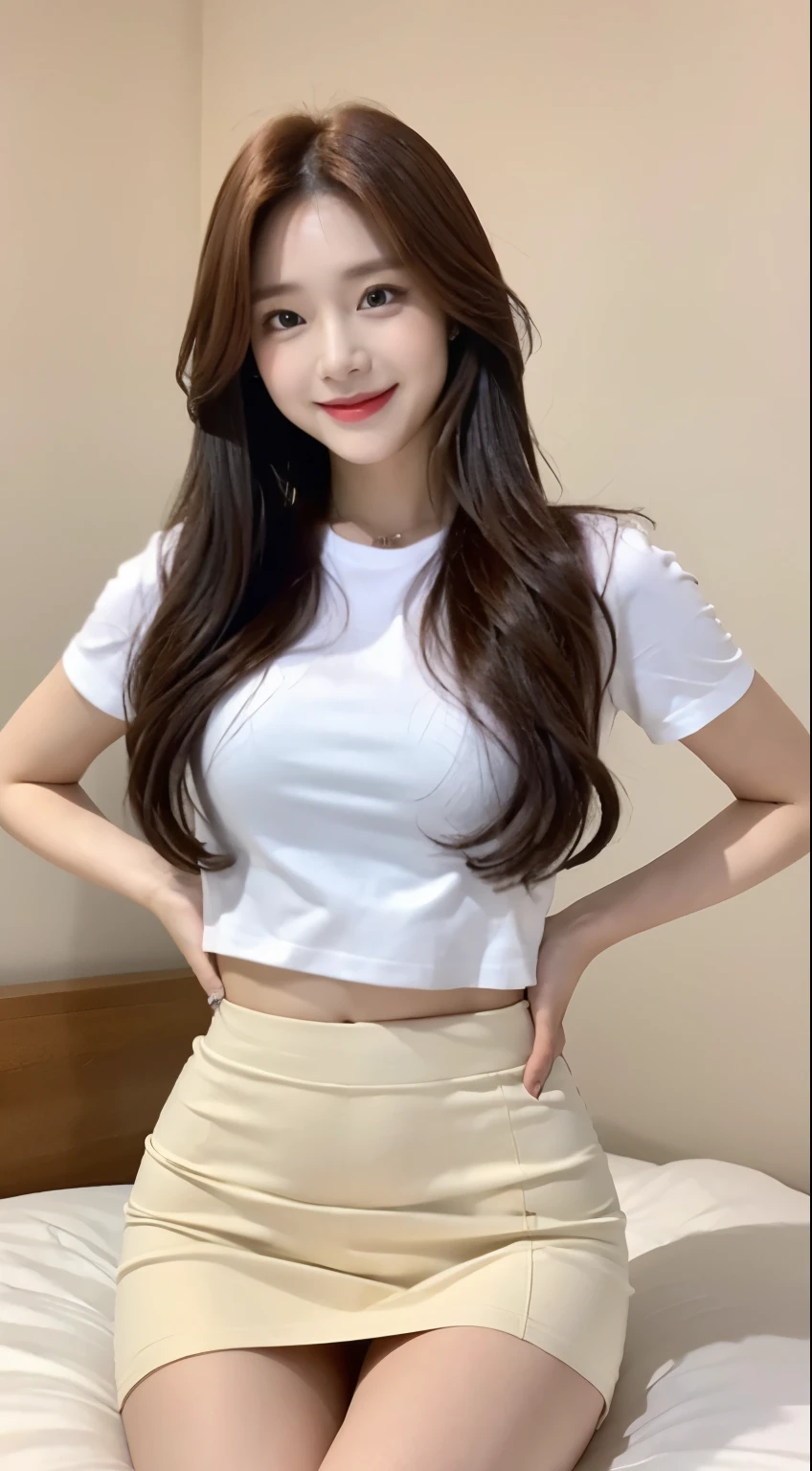 White tight shirt、White tight mini skirt、a bed、a smile、shortsleeves、high-level image quality、Hallyu Idol Face
