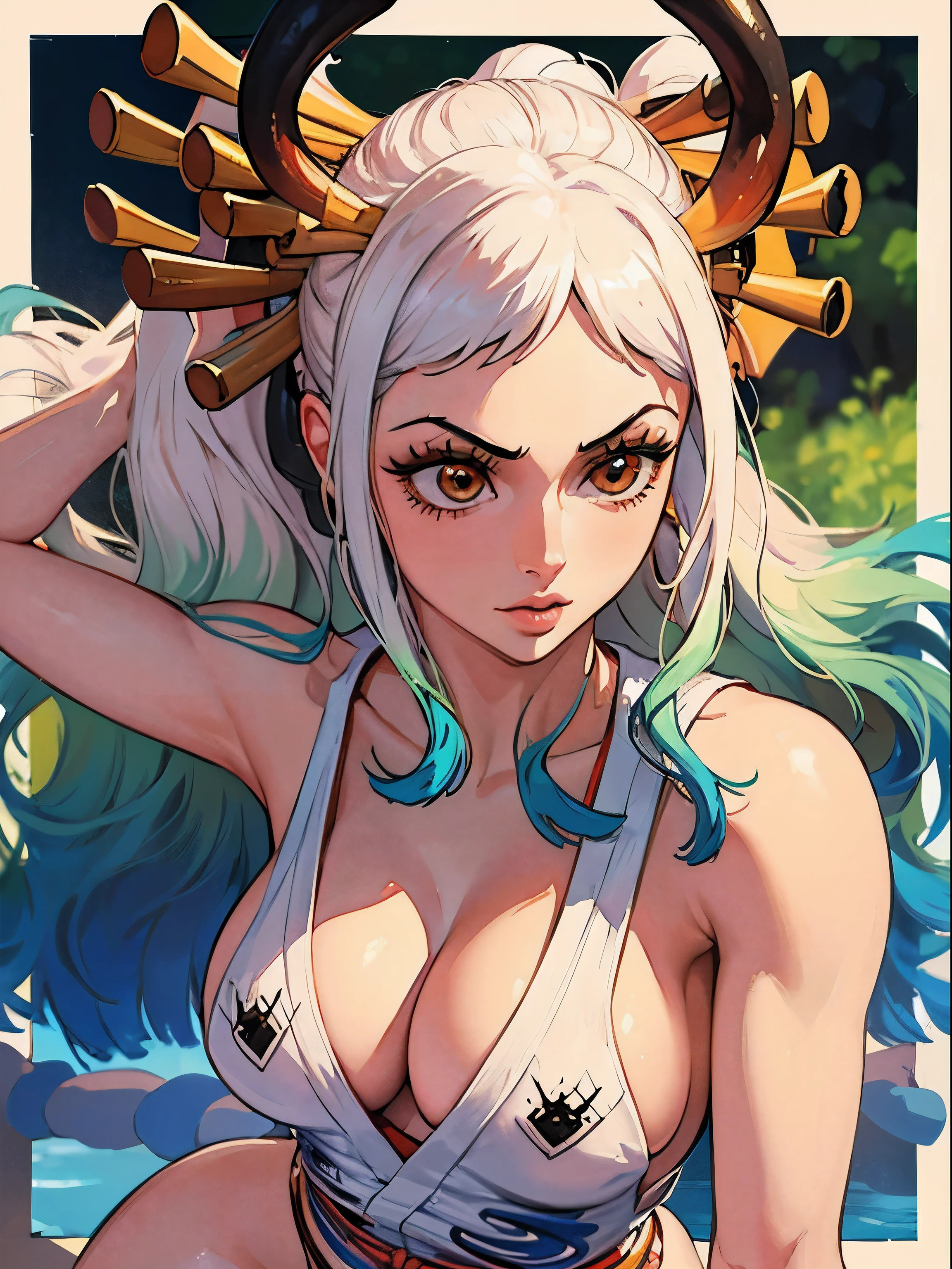 Yamato One Piece, pose sexy, Corpo Perfeito, belos olhos detalhados, beautiful lips, Rosto extremamente detalhado, long eyelashes, 4K de alta qualidade, 8k, high-resolution masterpiece:1.2, ultra-detalhado, Realistic:1.37, photoRealistic, vivid colors, Bokeh, Retratos, paleta de cores vibrantes, Stunning Studio Lighting